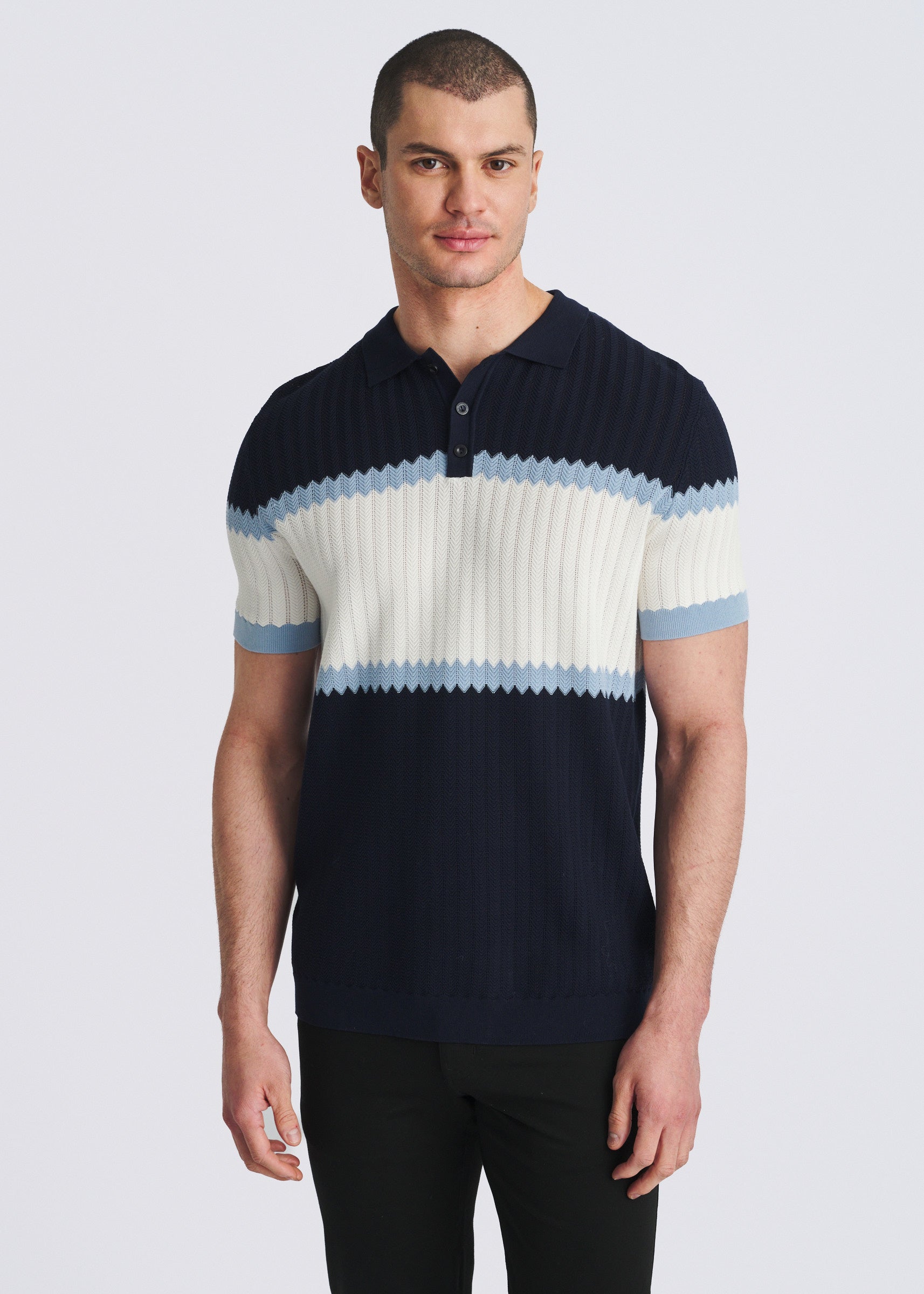 NAVY/MARINA COLOR BLOCK SILK/TENCEL 3-BUTTON KNIT POLO PM-16339