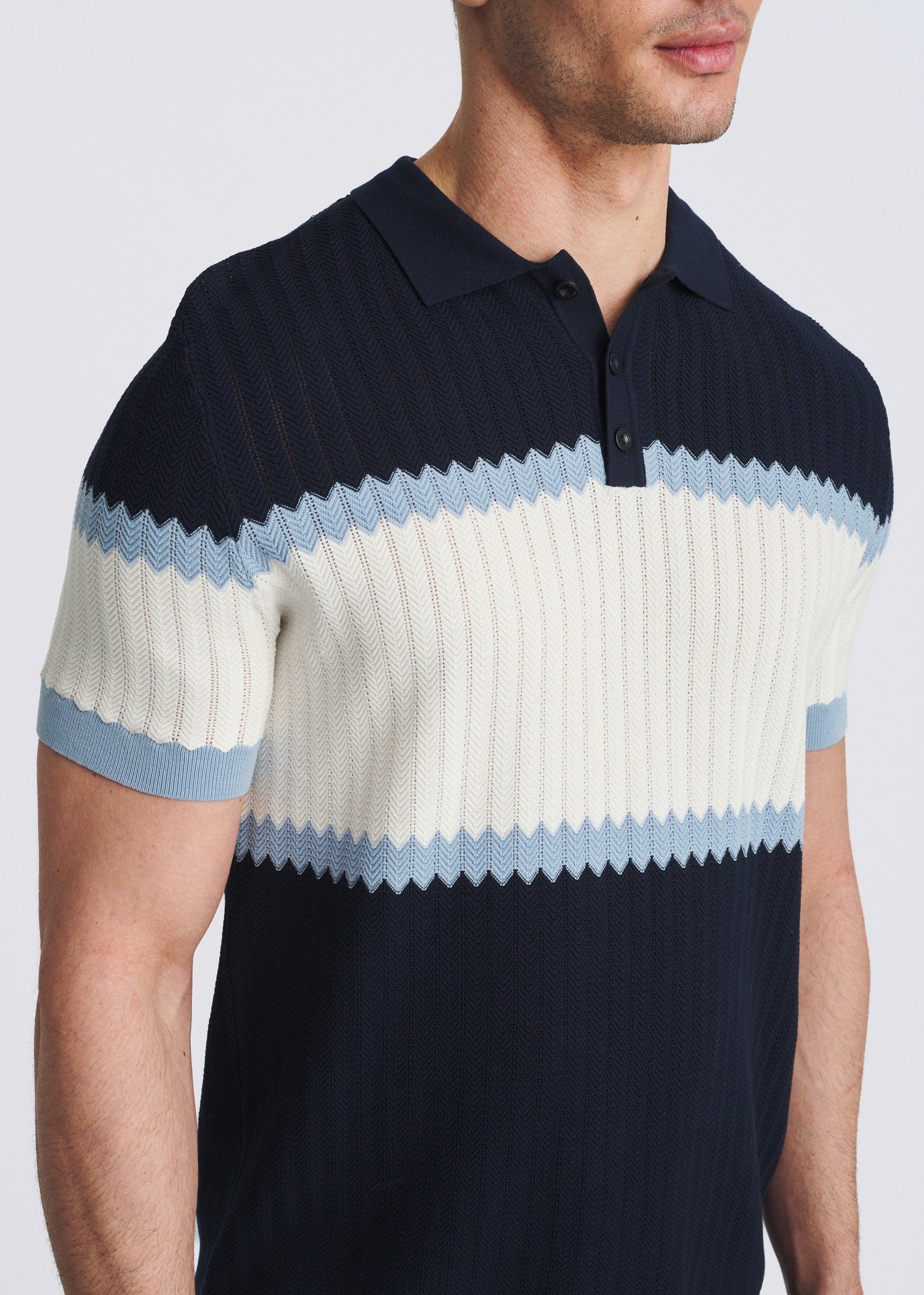 NAVY/MARINA COLOR BLOCK SILK/TENCEL 3-BUTTON KNIT POLO PM-16339