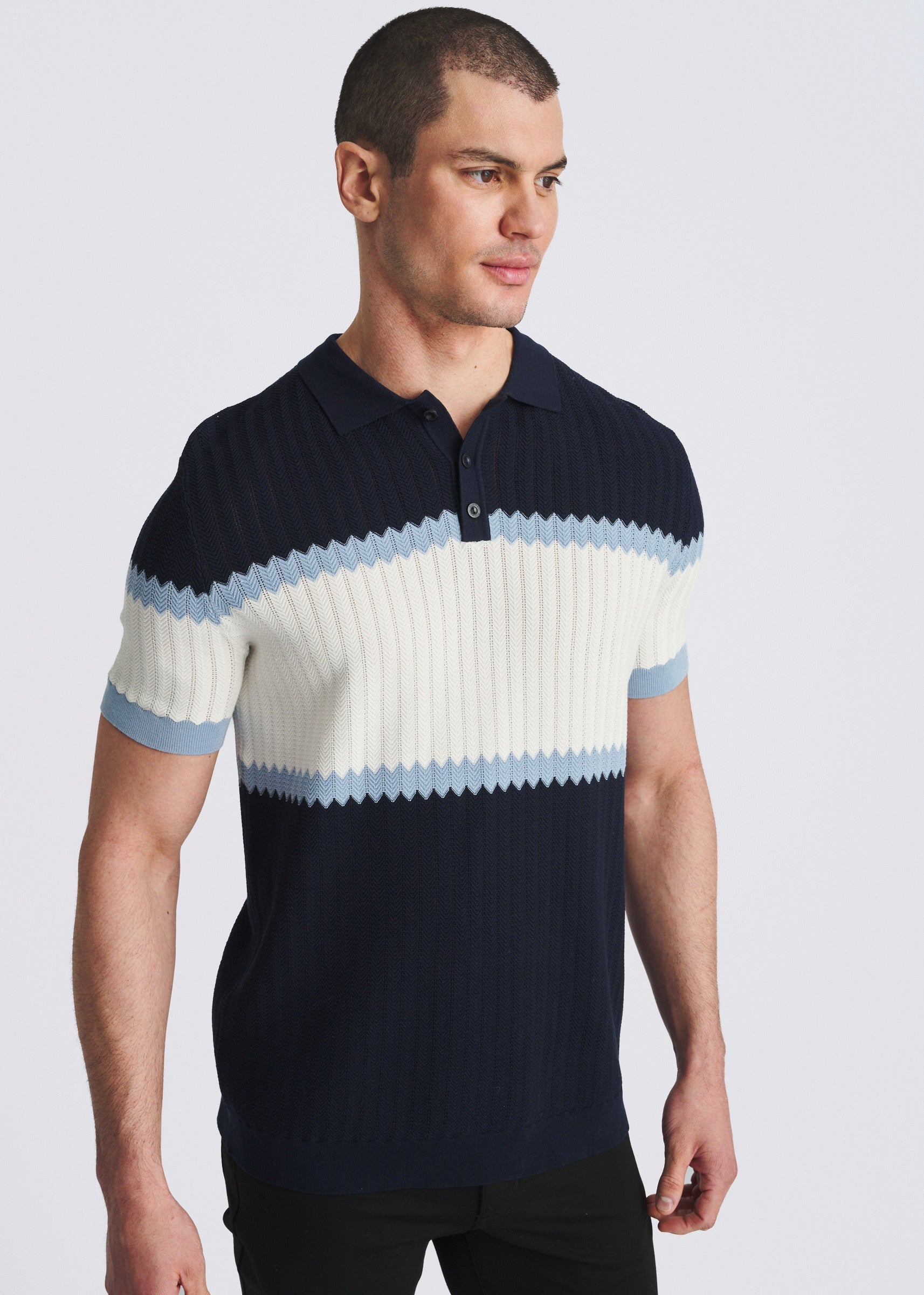 NAVY/MARINA COLOR BLOCK SILK/TENCEL 3-BUTTON KNIT POLO PM-16339