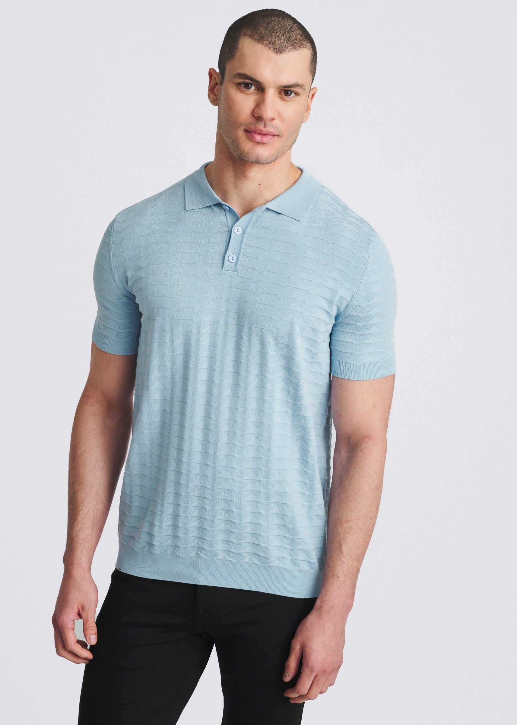 BLUE FINCH EMBOSSED TRIANGLES SILK/TENCEL 3-BUTTON KNIT POLO PM-16340
