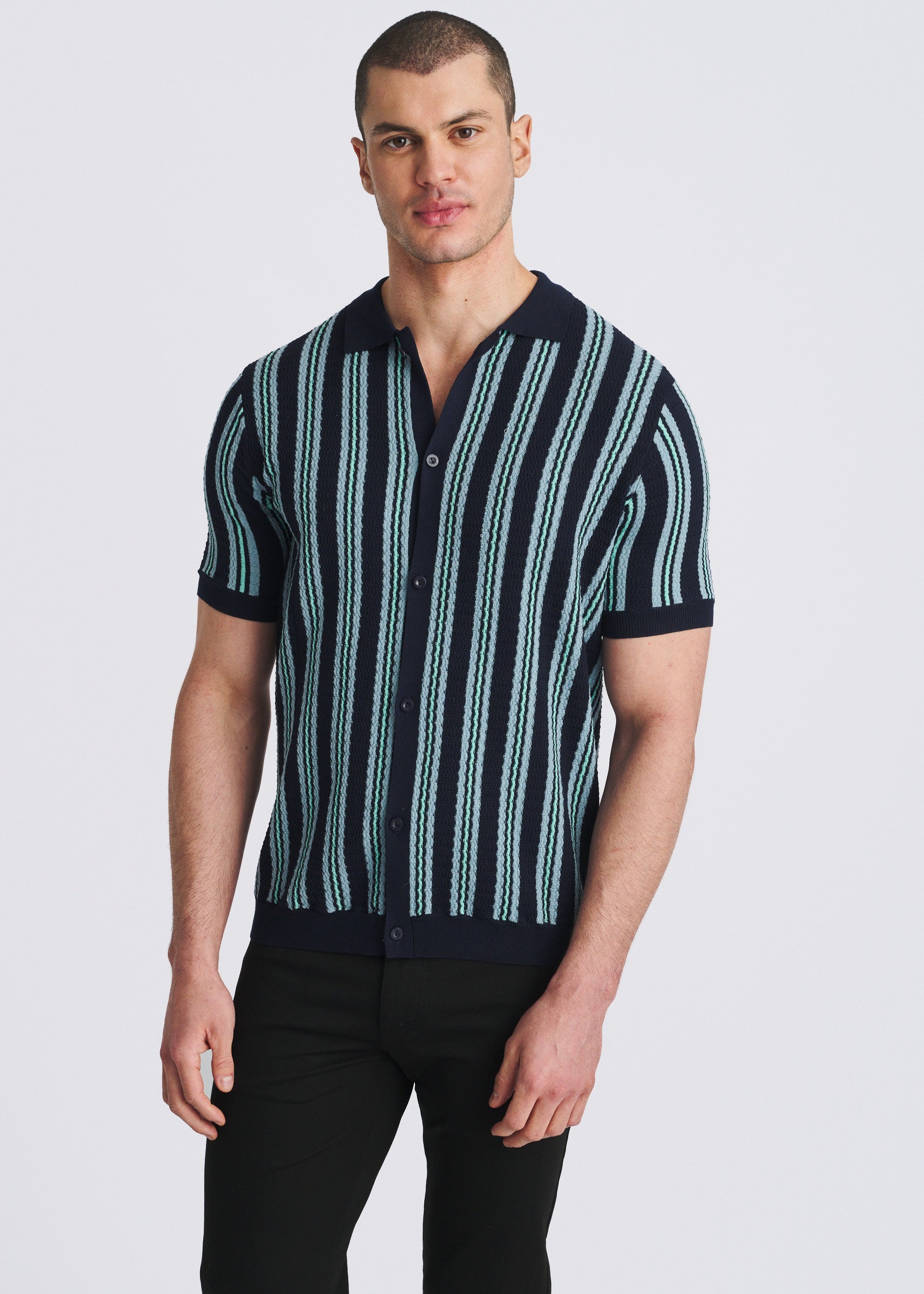 NAVY OPEN MESH PINSTRIPES SILK/TENCEL BUTTON FRONT KNIT SHIRT PM-16341