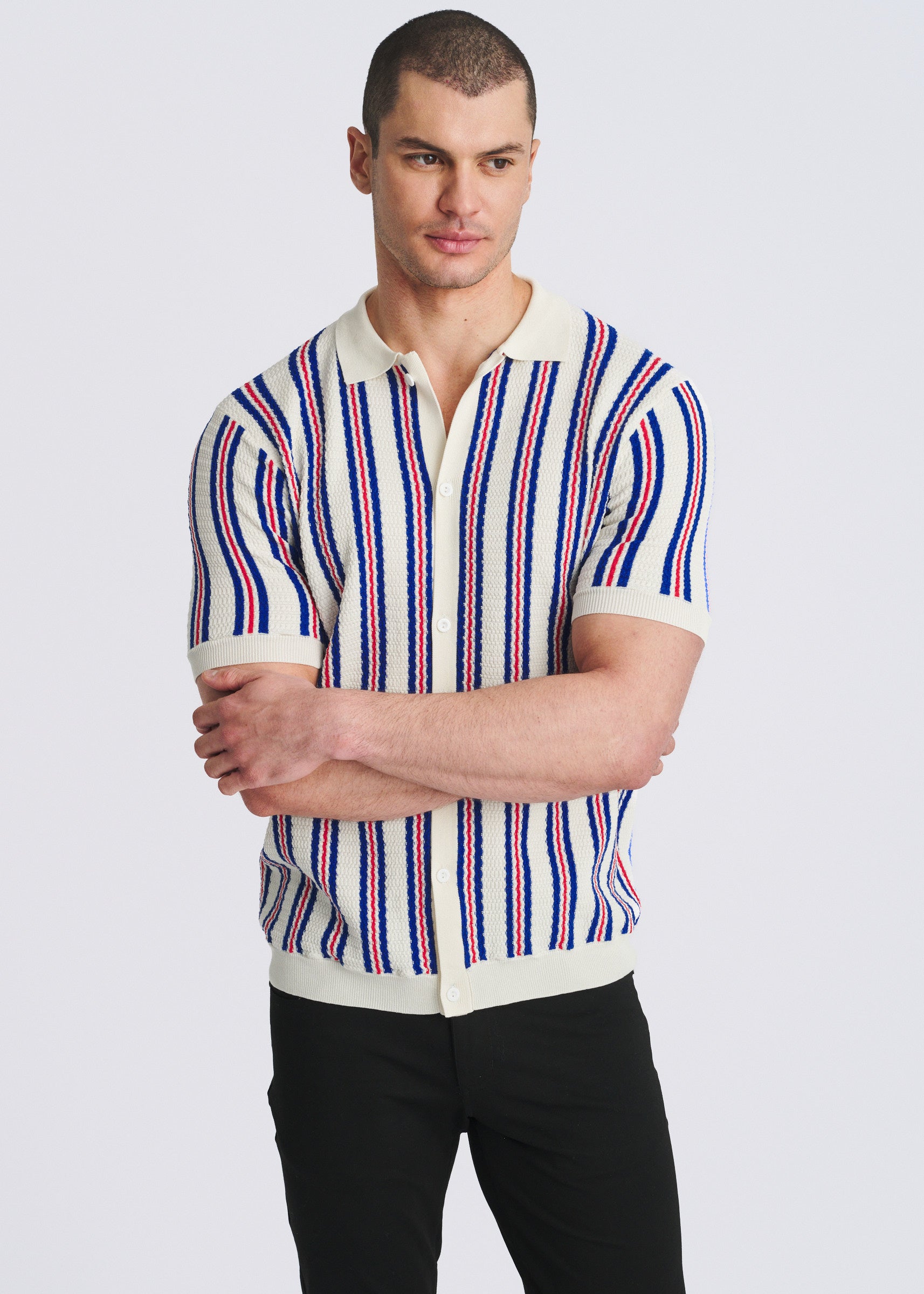 OFF WHITE OPEN MESH PINSTRIPES SILK/TENCEL BUTTON FRONT KNIT SHIRT PM-16341