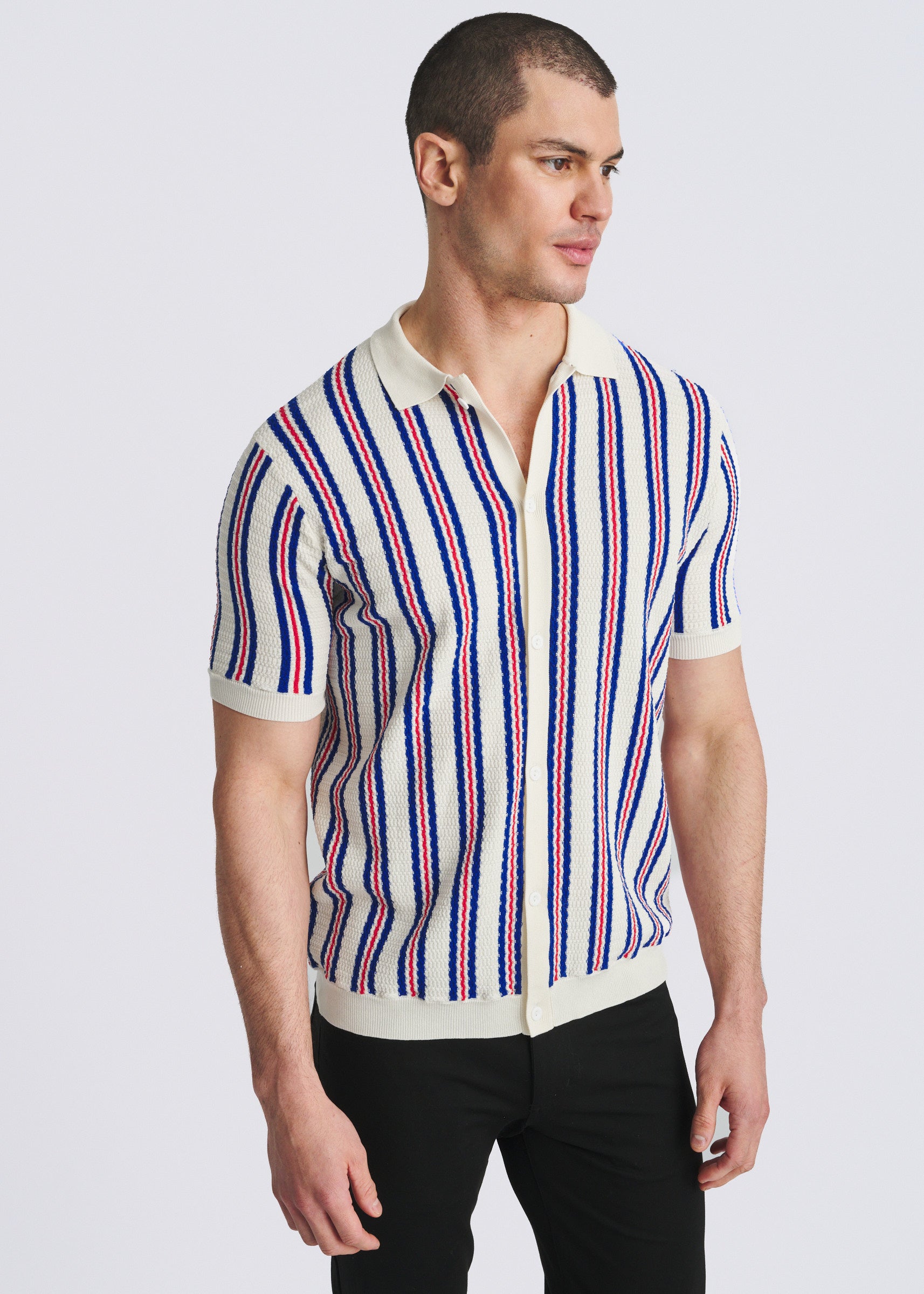OFF WHITE OPEN MESH PINSTRIPES SILK/TENCEL BUTTON FRONT KNIT SHIRT PM-16341