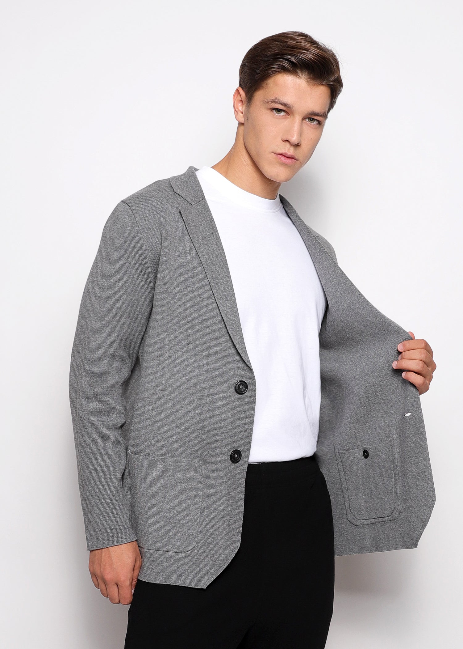 CHARCOAL SINGLE BREASTED COTTON DECONSTRUCTED KNITTED BLAZER PM-16400