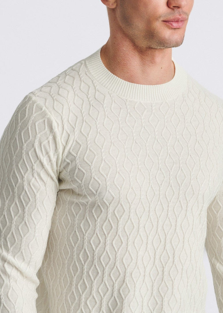 CREAM CABLE KNIT CREW NECK WOOL BLEND SWEATER PM-16421