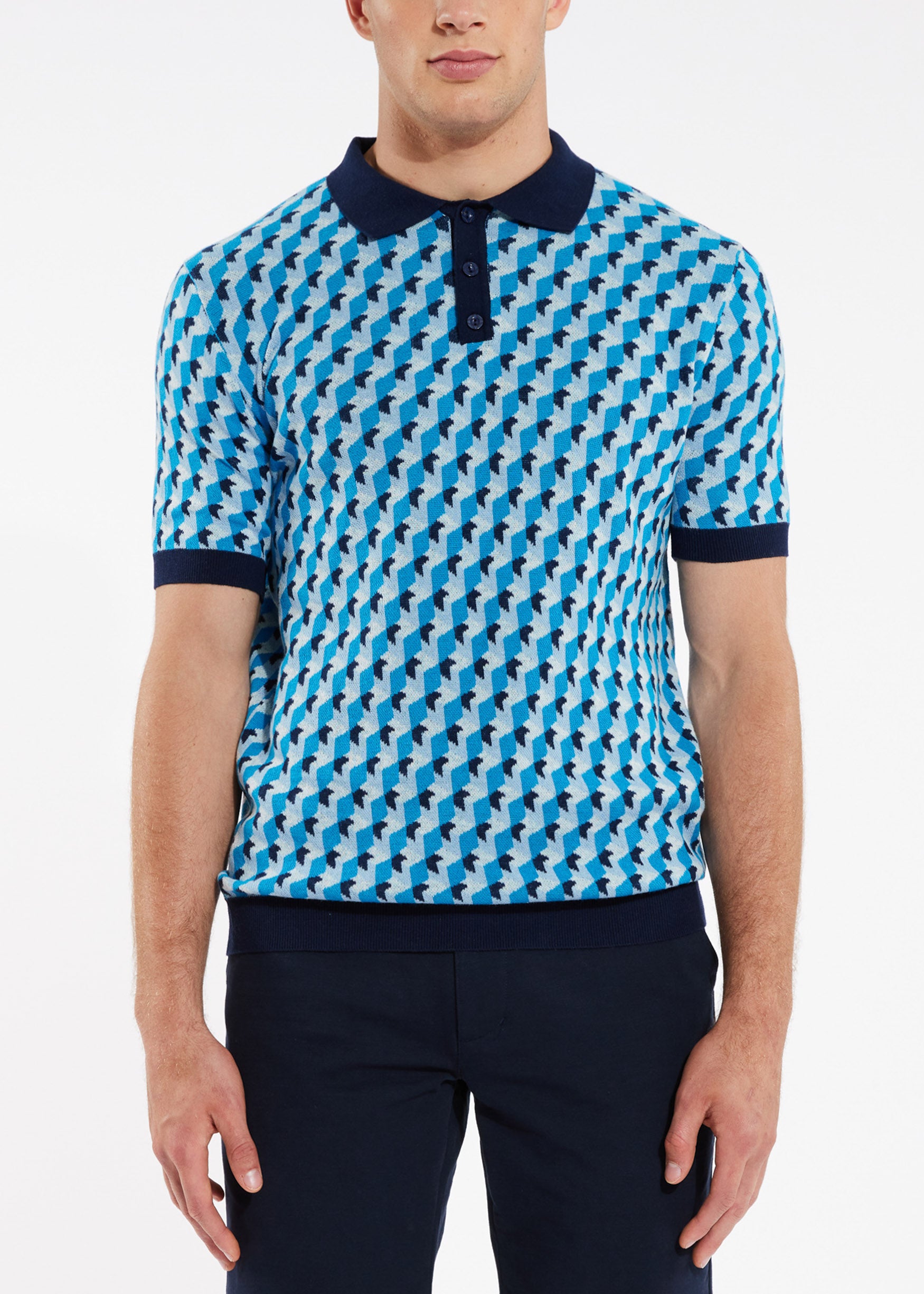 SKY/PINK 3D CUBES COTTON JACQUARD POLO PM-17005