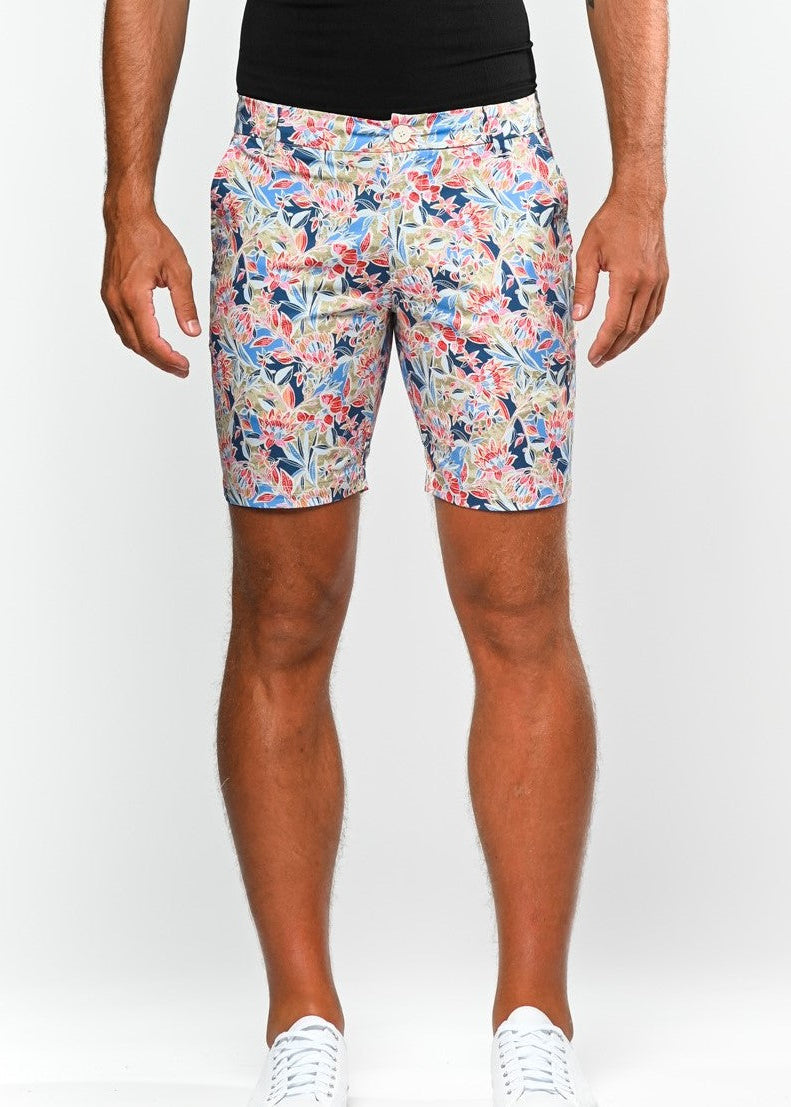 KHAKI/BLUE FLORAL PRINTED 8" STRETCH WOVEN SHORTS PM-24705