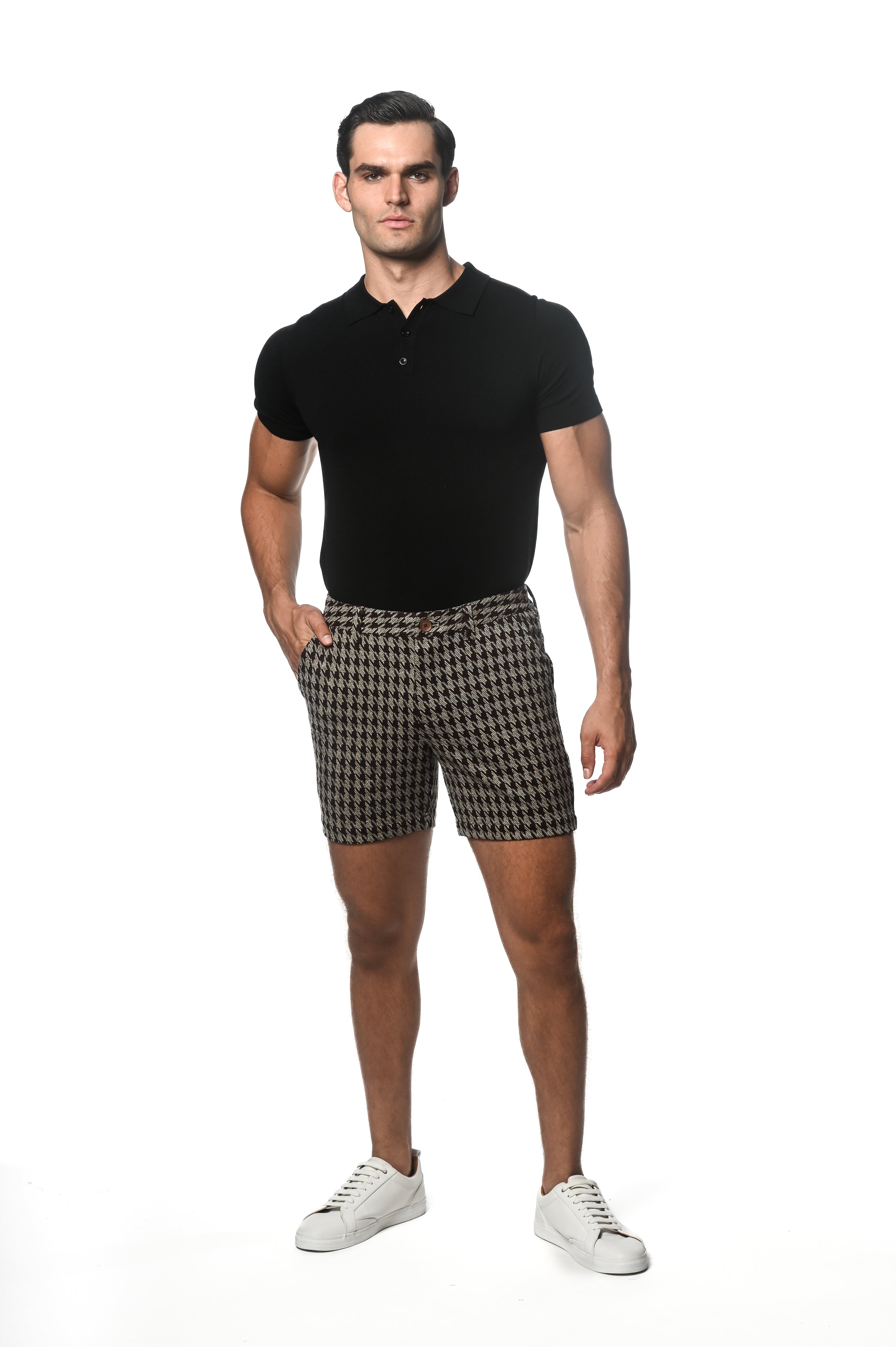 SAND/SIENNA HOUNDSTOOTH 6"INSEAM JACQUARD STRETCH KNIT CHINO SHORT PM-2532
