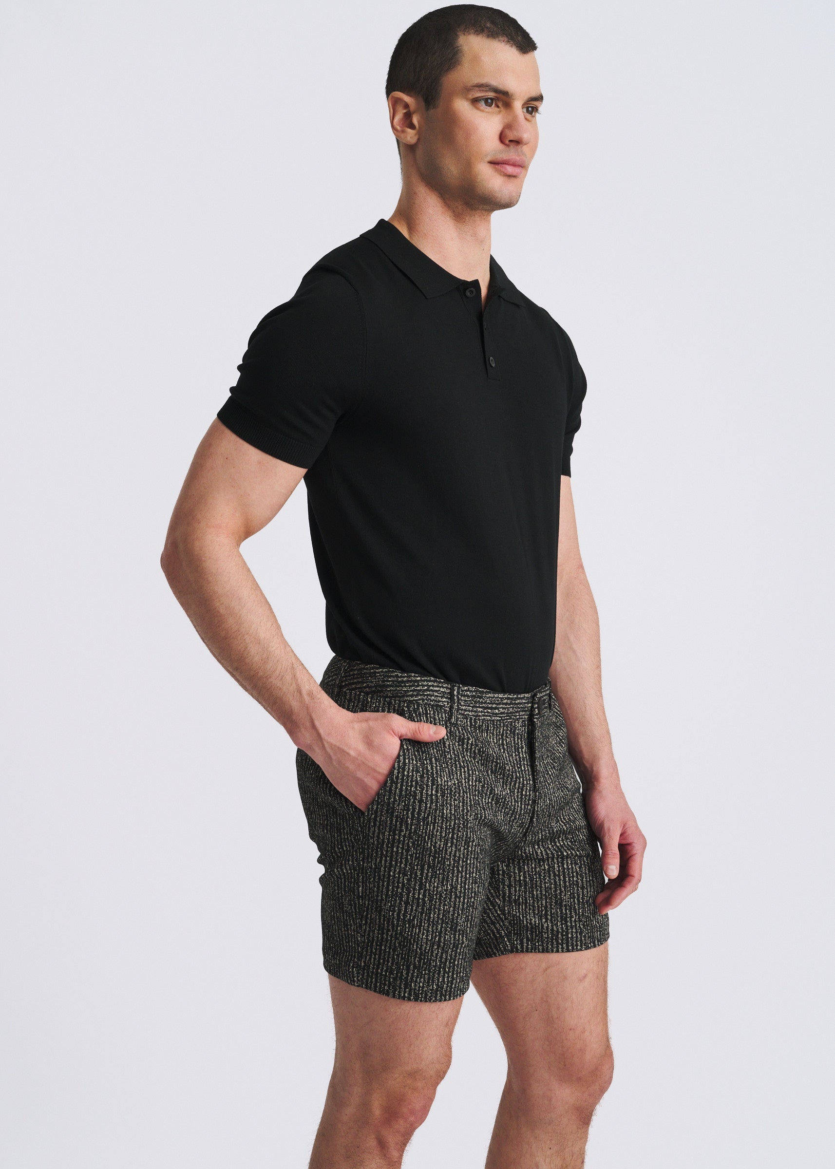 BLACK HERRINGBONE JACQUARD 6" INSEAM STRETCH KNIT CHINO SHORTS PM-2549