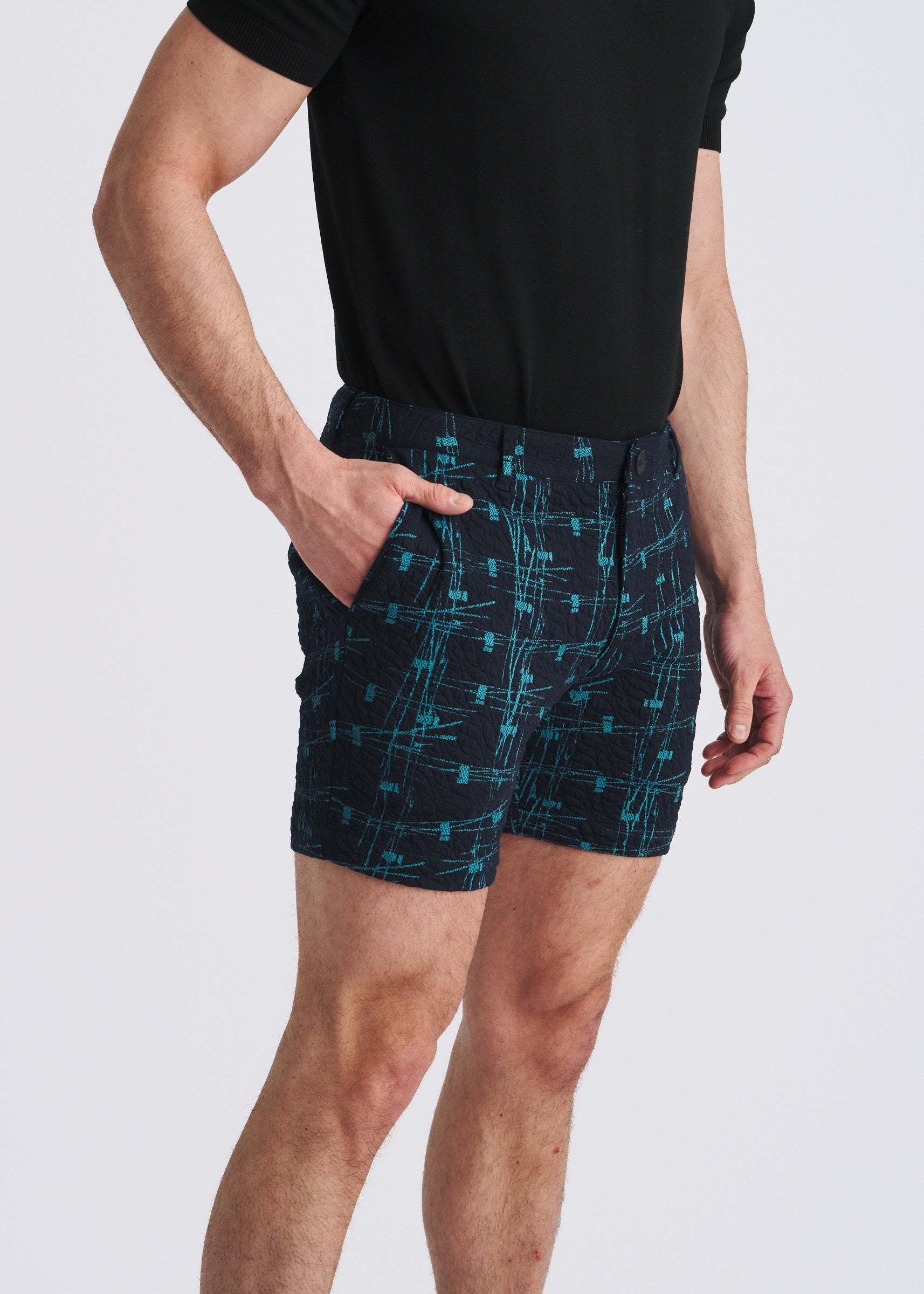 NAVY/BLUEBIRD ABSTRACT 6" INSEAM JACQUARD STRETCH KNIT CHINO SHORTS PM-2555