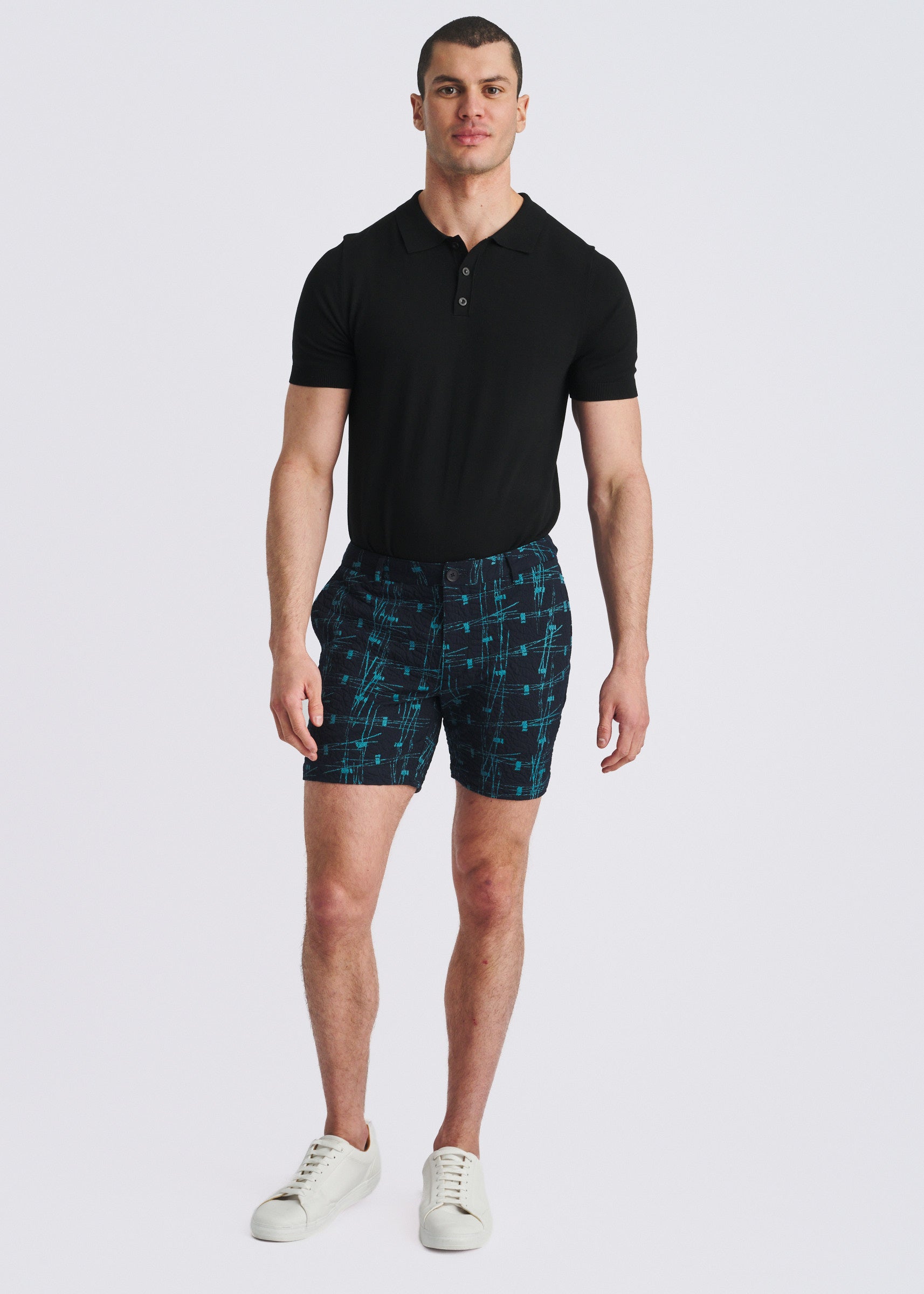NAVY/BLUEBIRD ABSTRACT 6" INSEAM JACQUARD STRETCH KNIT CHINO SHORTS PM-2555