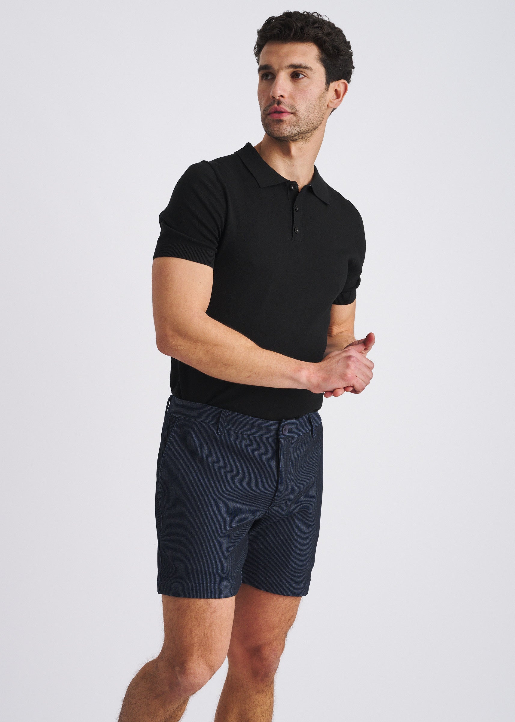 NAVY PINSTRIPE 6" INSEAM STRETCH KNIT CHINO SHORTS PM-2556