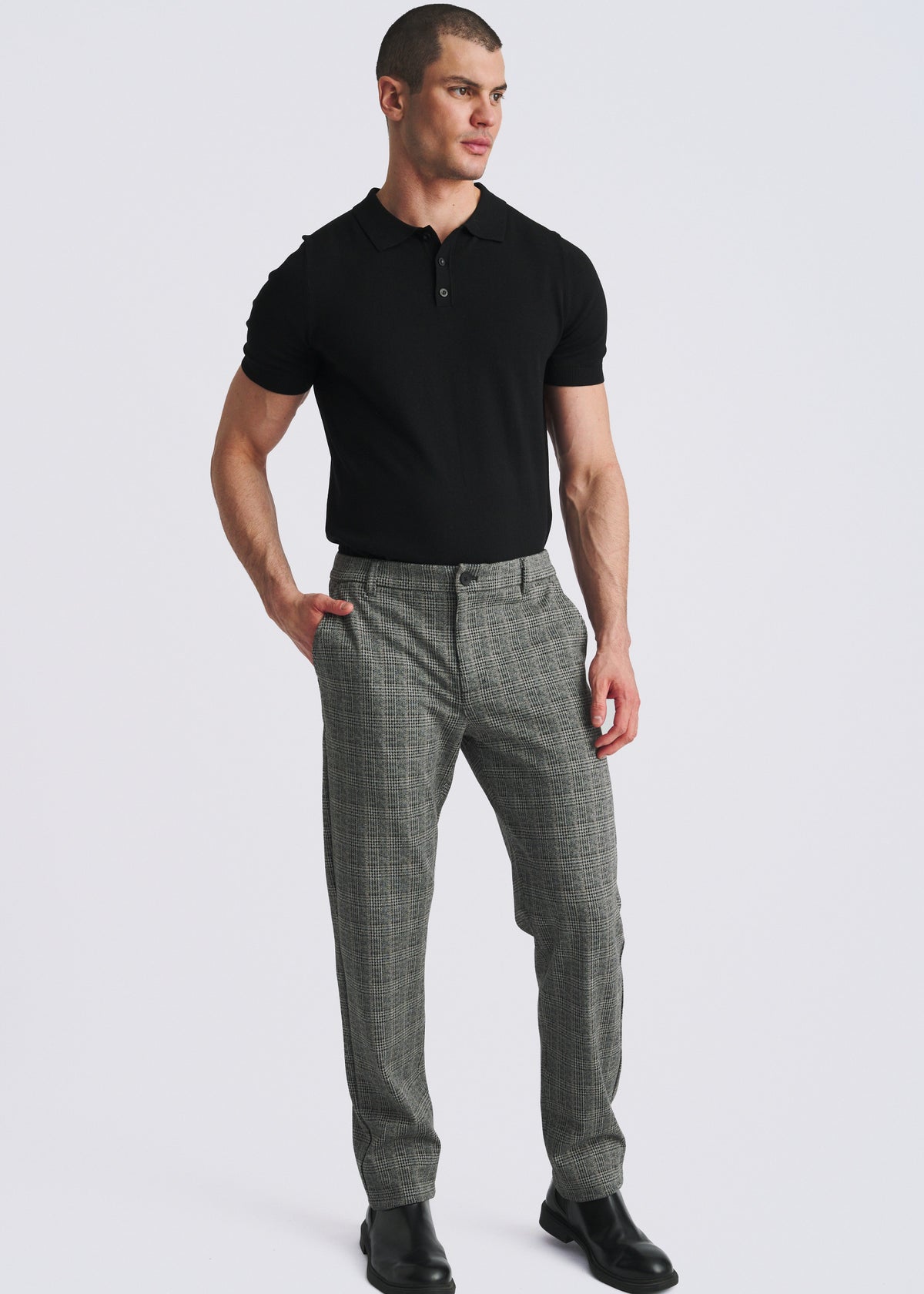 CHARCOAL GLEN PLAID CLASSIC FIT WOOL-LOOK STRETCH KNIT TAILORED PANTS PM-3063-01