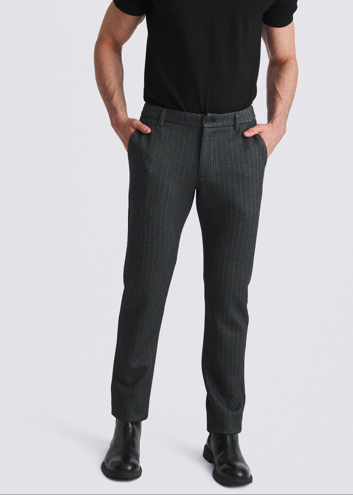 CHARCOAL WOOL-LOOK HERRINGBONE STRETCH KNIT TAILORED PANTS PM-3303-66