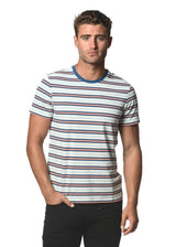 PACIFIC BLUE/CORAL STRIPED CREW NECK KNIT T-SHIRT PM-41003
