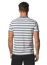PACIFIC BLUE/CORAL STRIPED CREW NECK KNIT T-SHIRT PM-41003