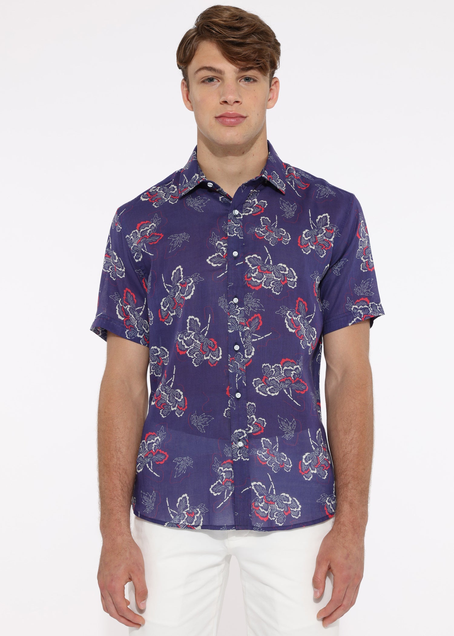 INK BLUE FLORAL TENCEL/LINEN SHORT SLEEVE WOVEN SHIRT PM-45000