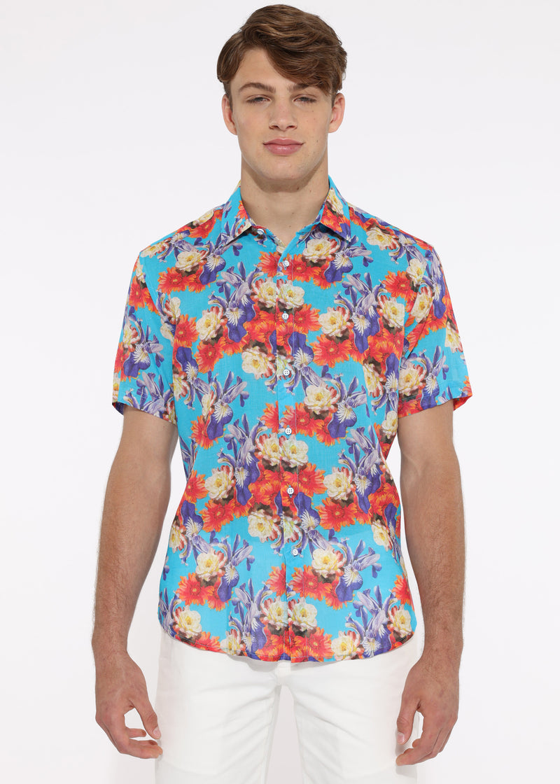 BLUE/PURPLE FLORAL TENCEL/LINEN SHORT SLEEVE WOVEN SHIRT PM-45002