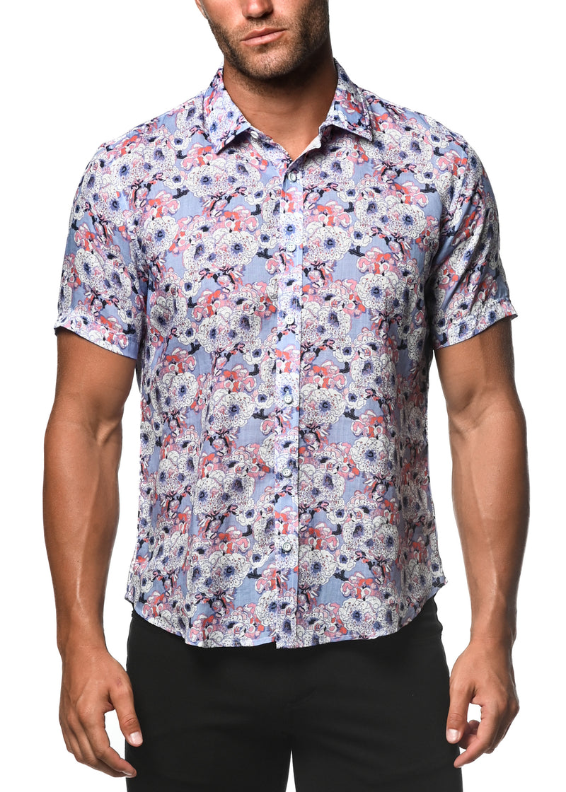 CORAL/PERIWINKLE FLORAL TENCEL/LINEN SHORT SLEEVE WOVEN SHIRT PM-45015