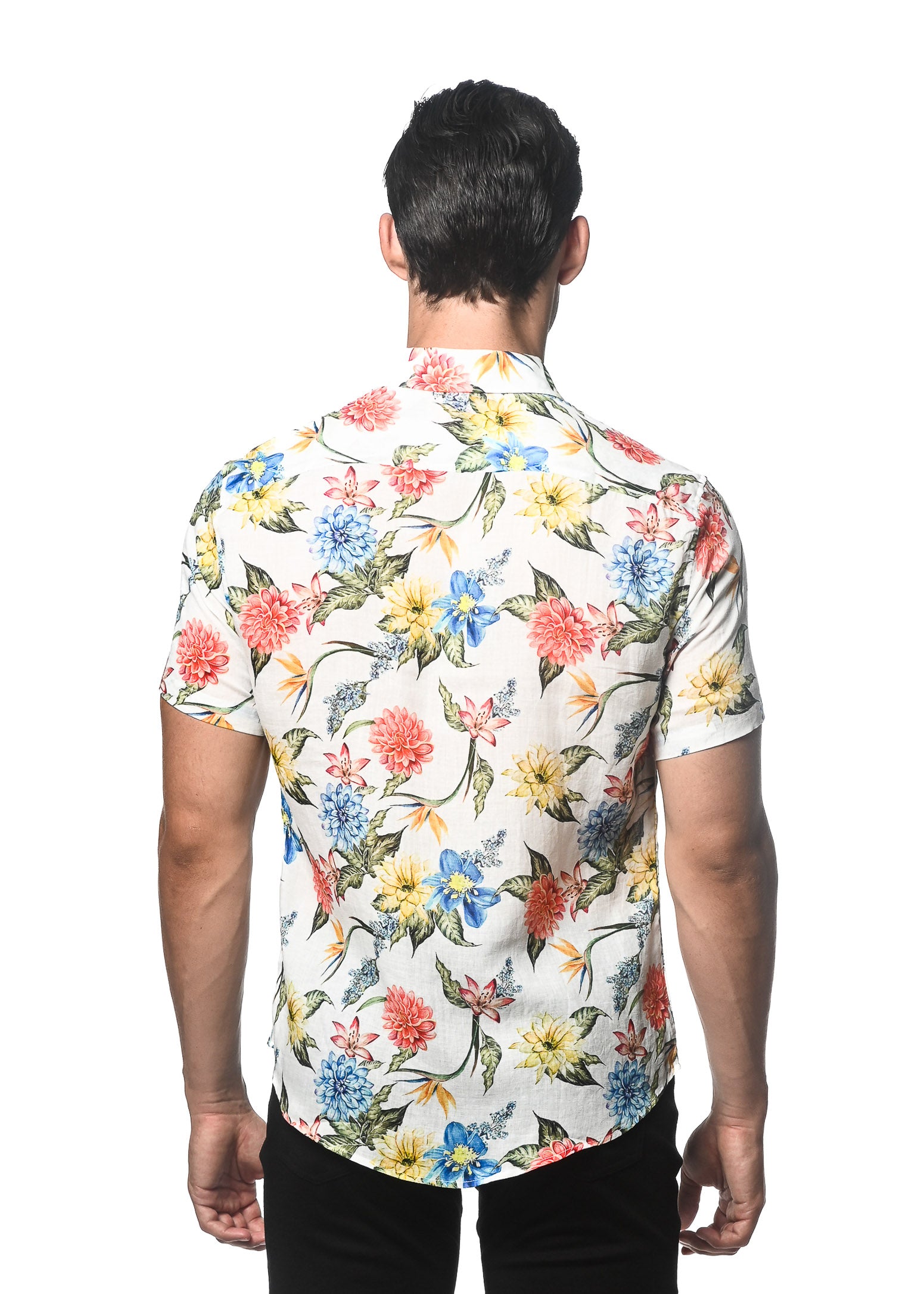 ROYAL/ BLUSH FLORAL PRINTED LINEN TENCEL SHORT SLEEVES WOVEN SHIRT PM-45029