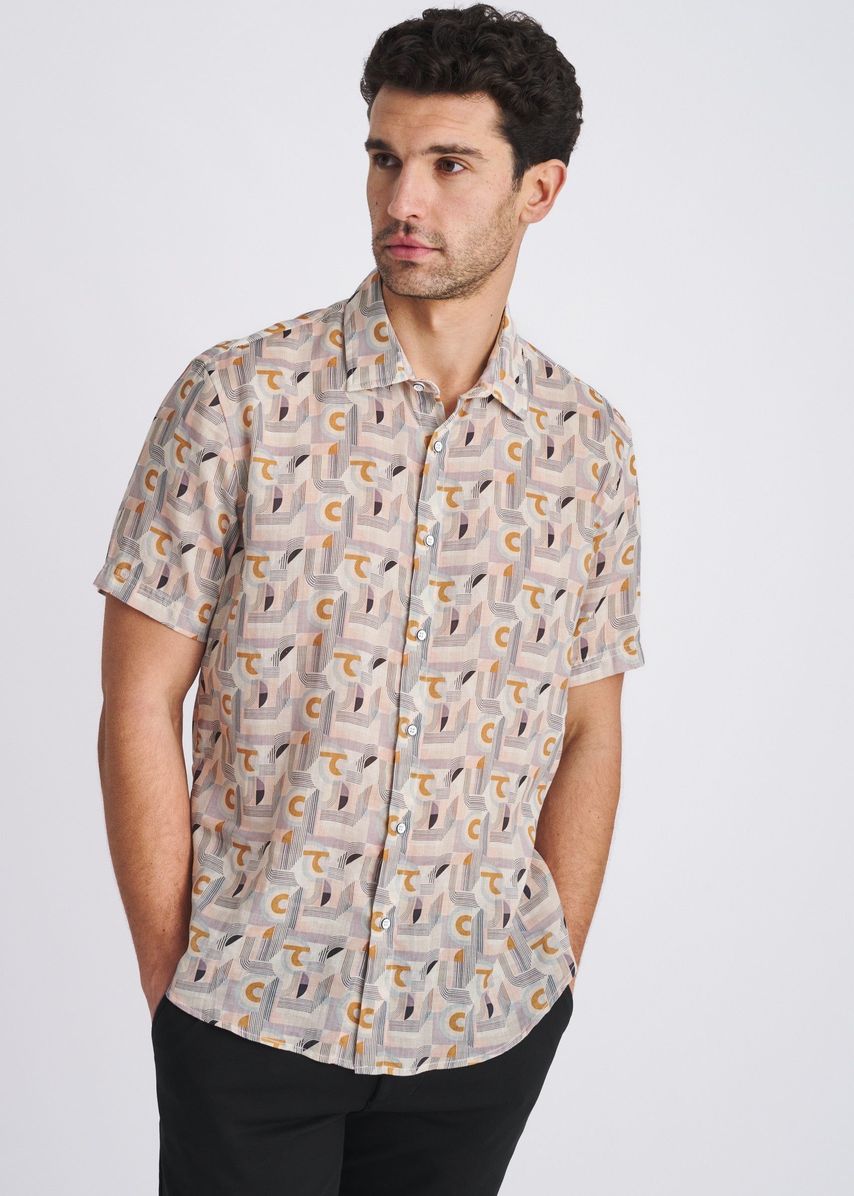 PARFAIT/SEACREST ABSTRACT PRINTED LIGHTWEIGHT LINEN/TENCEL SHORT SLEEVE SHIRT PM-45043