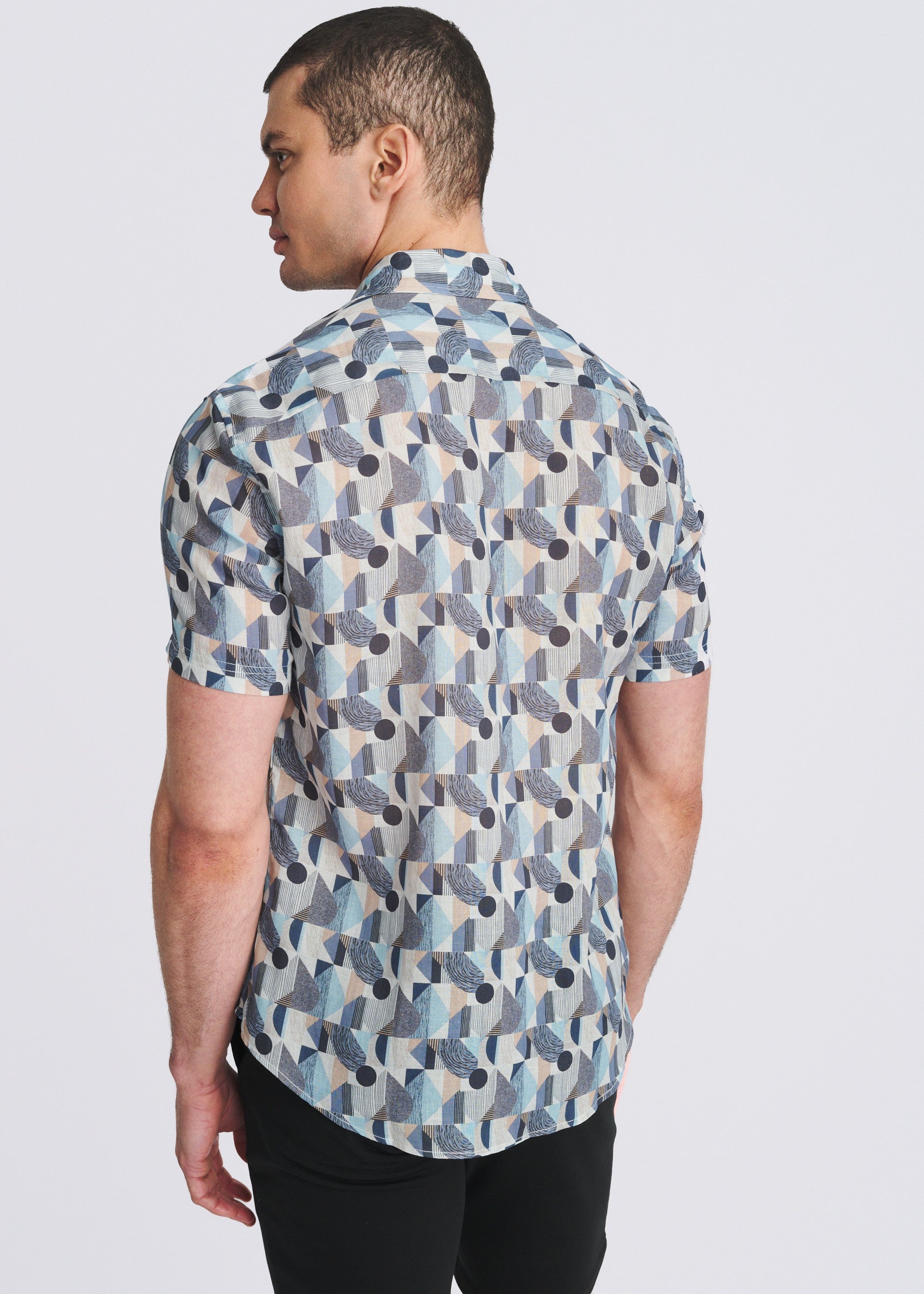 BLUE/NAVY BLOCKS PRINTED LIGHTWEIGHT LINEN/TENCEL SHORT SLEEVE SHIRT PM-45044