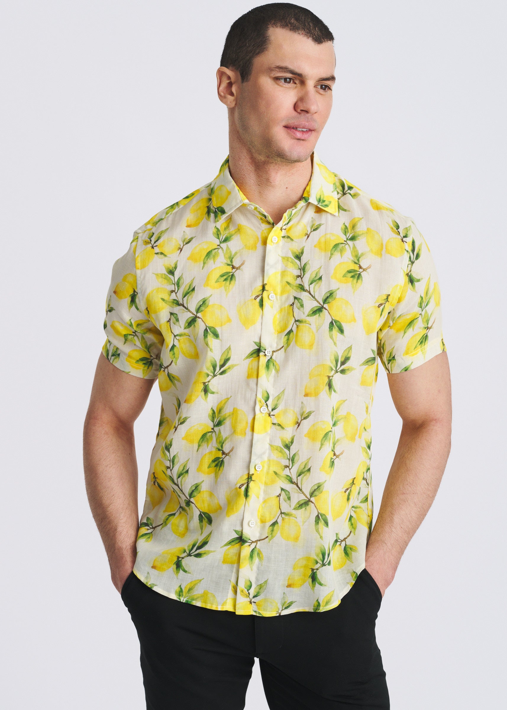ECRU/LEMONS PRINTED LIGHTWEIGHT LINEN/TENCEL SHORT SLEEVE SHIRT PM-45046
