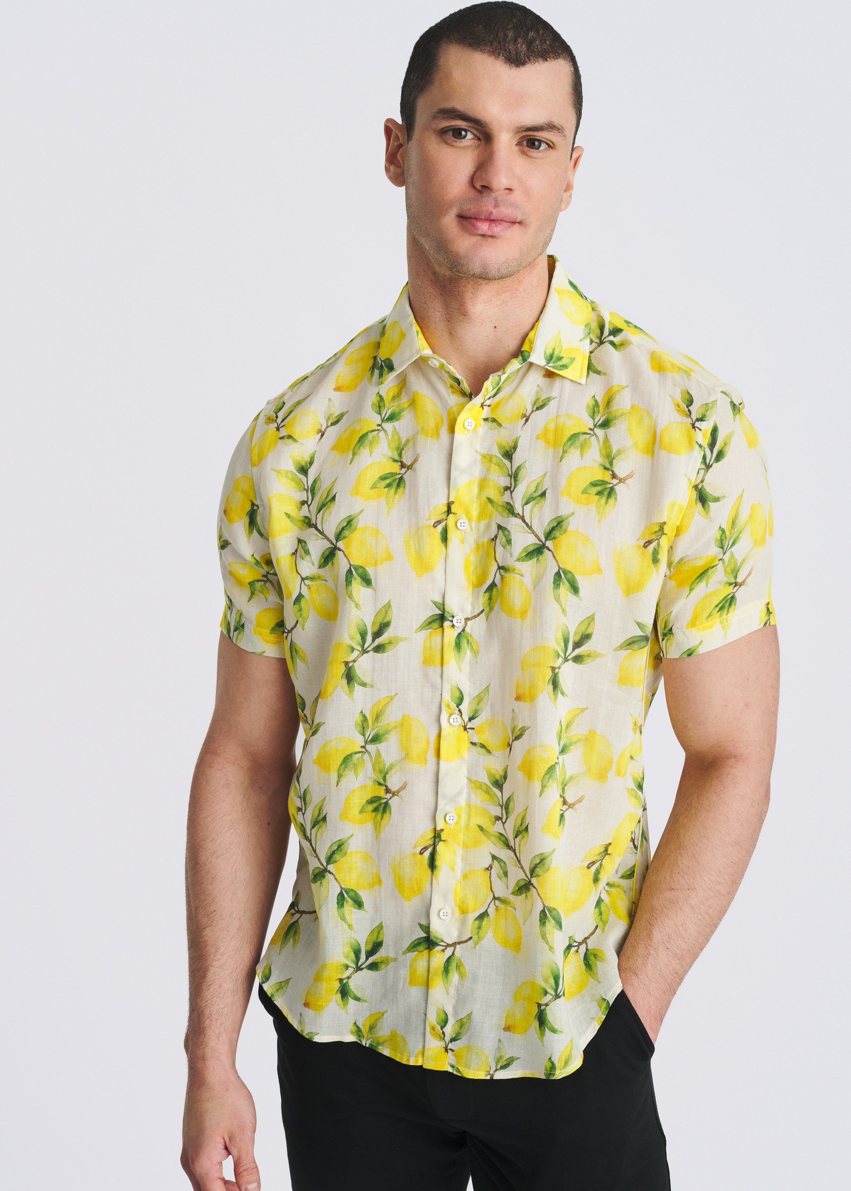 ECRU/LEMONS PRINTED LIGHTWEIGHT LINEN/TENCEL SHORT SLEEVE SHIRT PM-45046