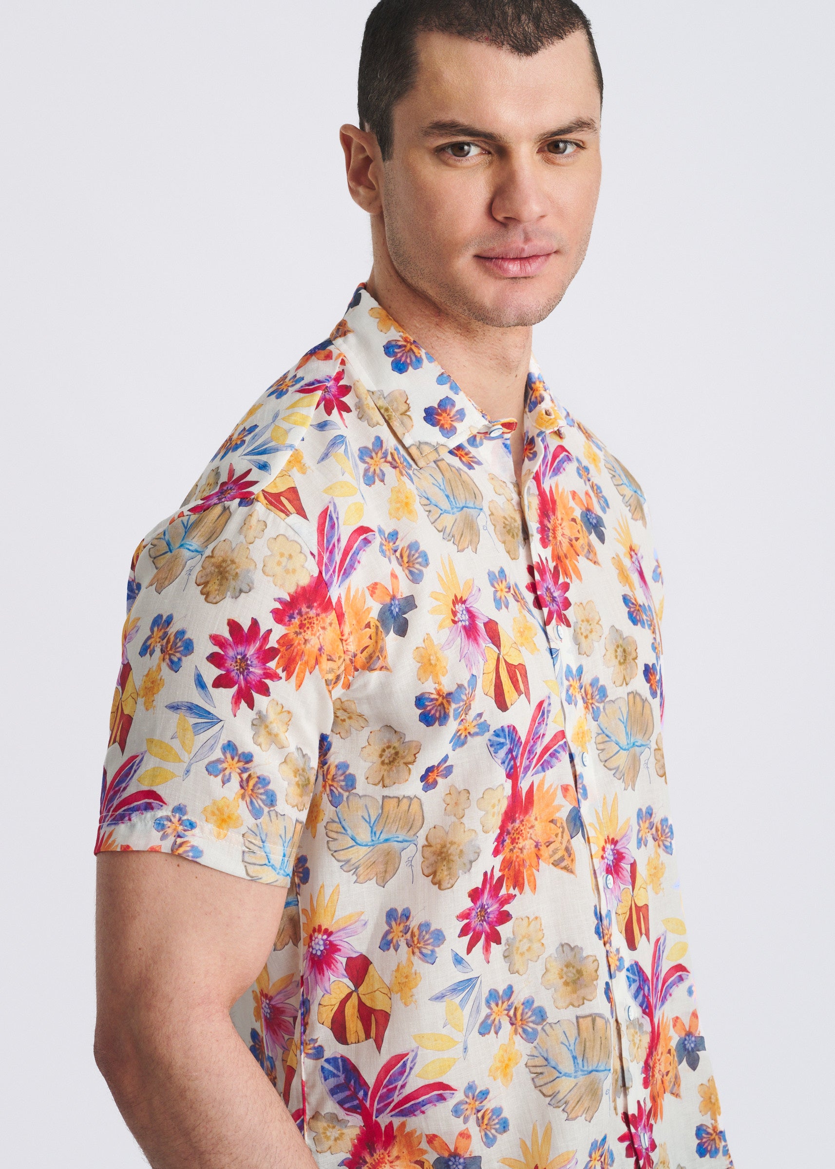 MERLOT/AMBER FLORAL PRINTED LIGHTWEIGHT LINEN/TENCEL SHORT SLEEVE SHIRT PM-45050