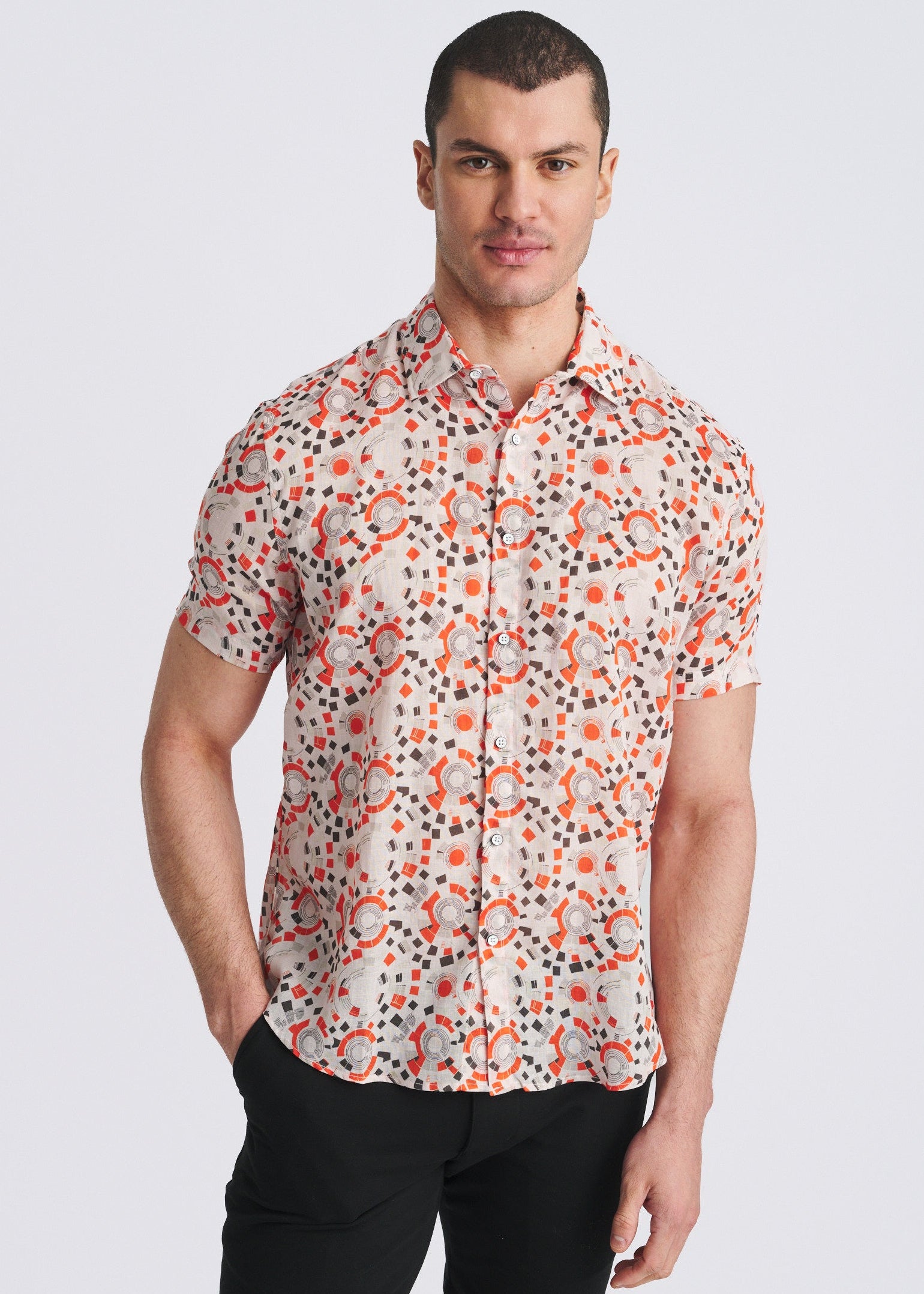 SPICE/OLIVE CIRCLES PRINTED LIGHTWEIGHT LINEN/TENCEL SHORT SLEEVE SHIRT PM-45053