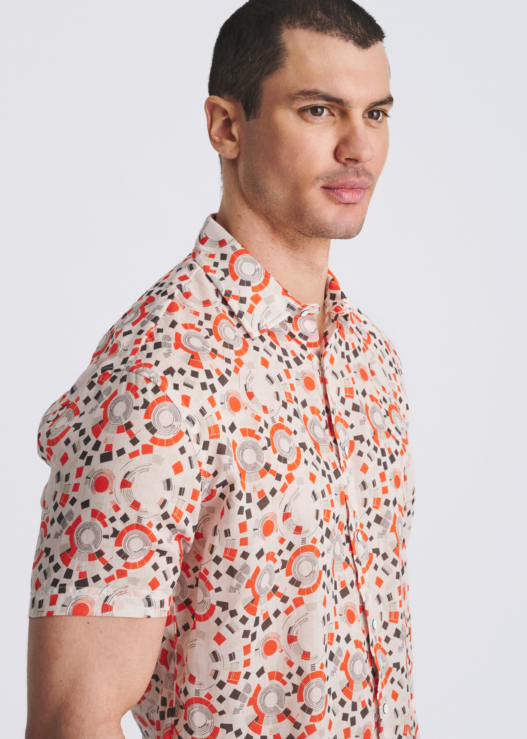 SPICE/OLIVE CIRCLES PRINTED LIGHTWEIGHT LINEN/TENCEL SHORT SLEEVE SHIRT PM-45053