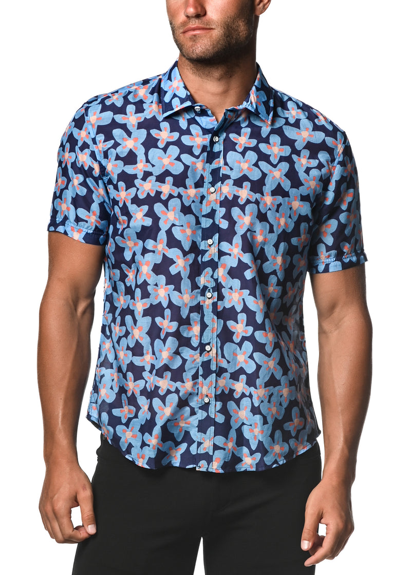 BLUE/NAVY FLOWERS COTTON/SILK SHORT SLEEVE WOVEN SHIRT PM-46019