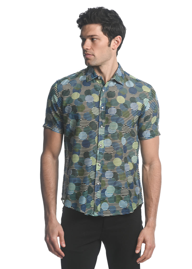 BLUE/ GREEN CIRCLES PRINTED COTTON SILK SHORT SLEEVES WOVEN SHIRT PM-4 BLUE/ GREEN CIRCLES PRINTED COTTON SILK SHORT SLEEVES WOVEN SHIRT PM-4