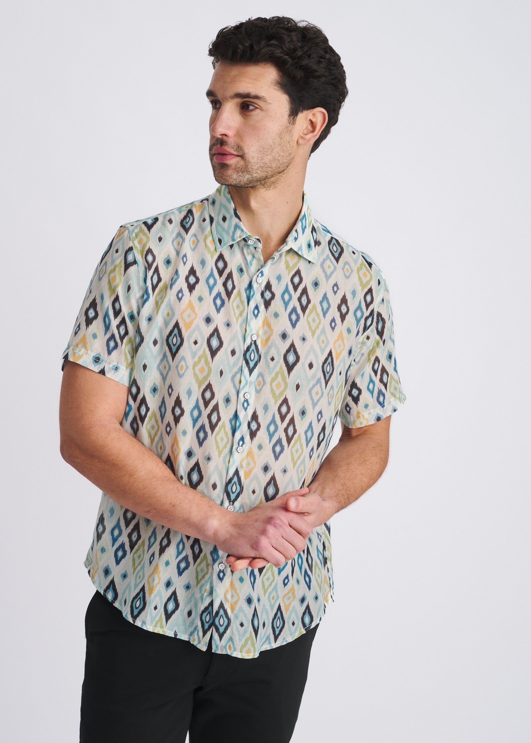 TEAL/NAVY DIAMONDS PRINTED LIGHTWEIGHT COTTON/SILK SHORT SLEEVE WOVEN SHIRT PM-46046
