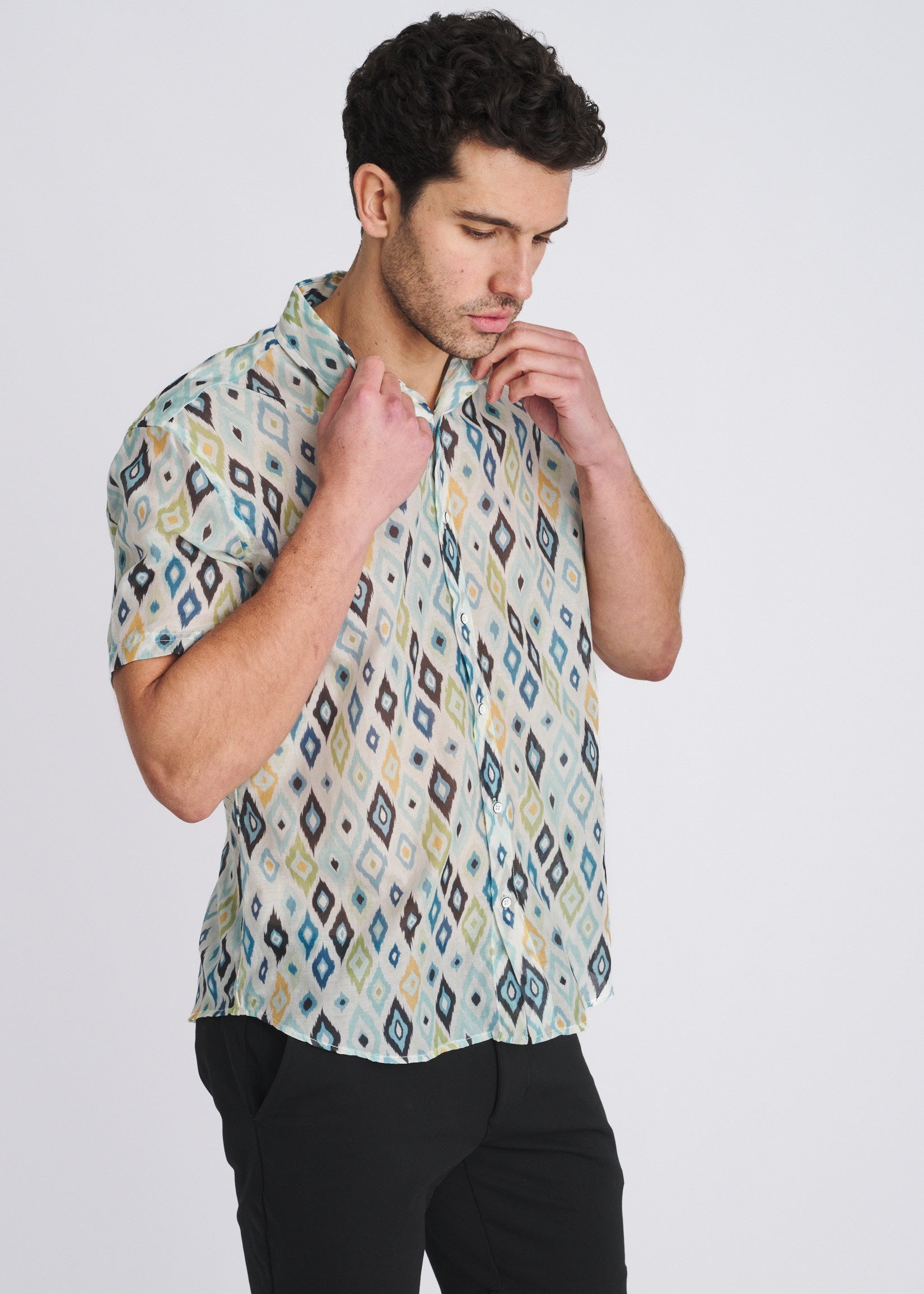 TEAL/NAVY DIAMONDS PRINTED LIGHTWEIGHT COTTON/SILK SHORT SLEEVE WOVEN SHIRT PM-46046