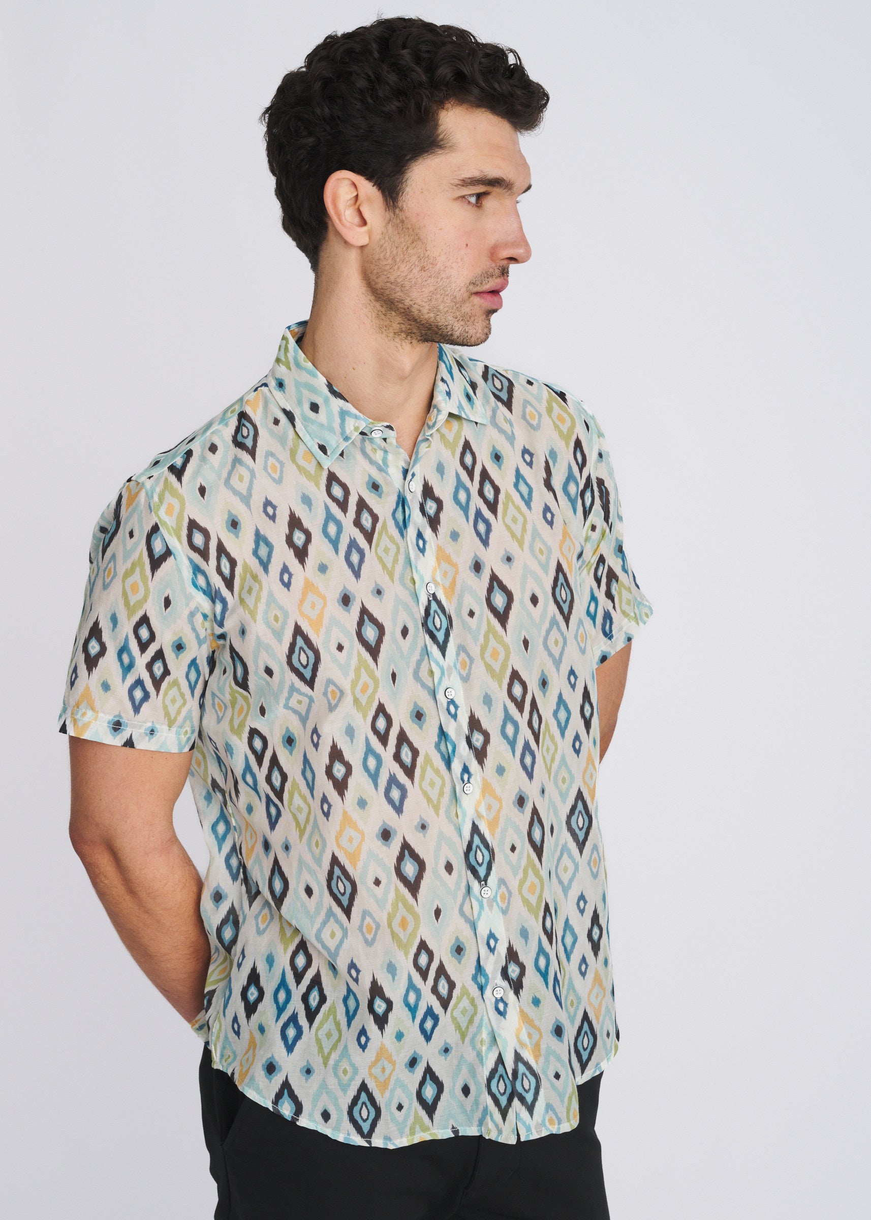 TEAL/NAVY DIAMONDS PRINTED LIGHTWEIGHT COTTON/SILK SHORT SLEEVE WOVEN SHIRT PM-46046