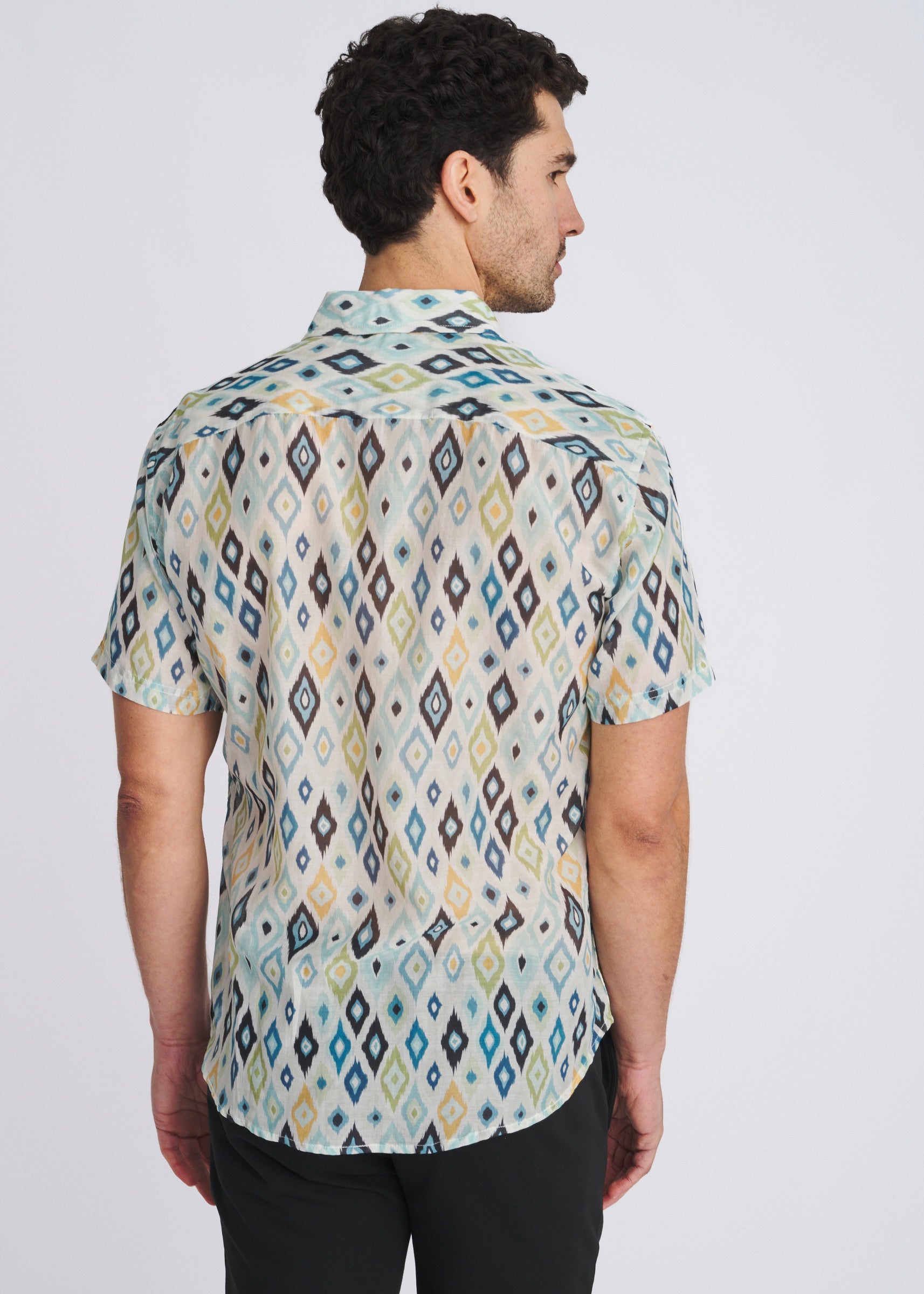 TEAL/NAVY DIAMONDS PRINTED LIGHTWEIGHT COTTON/SILK SHORT SLEEVE WOVEN SHIRT PM-46046