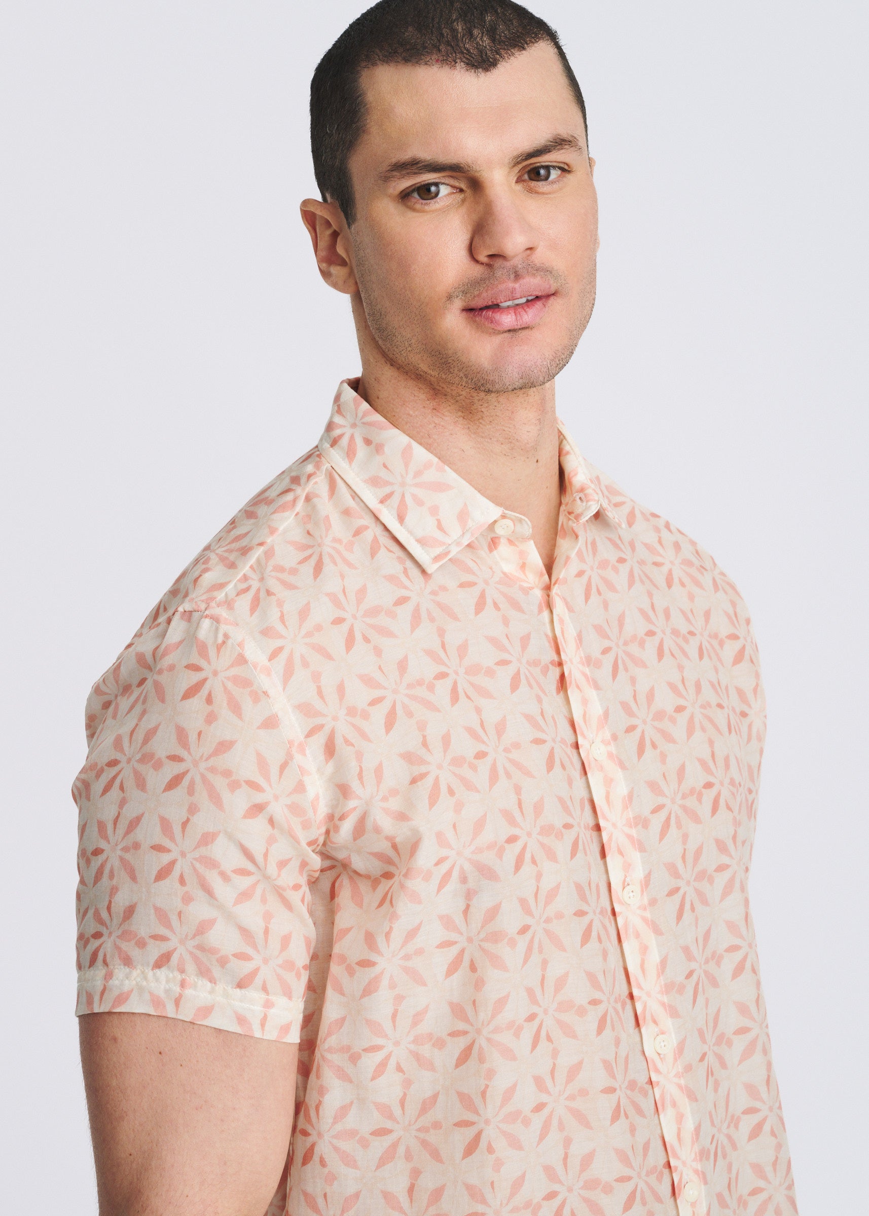 BLUSH/PEACH TILES PRINTED LIGHTWEIGHT COTTON/SILK SHORT SLEEVE WOVEN SHIRT PM-46049