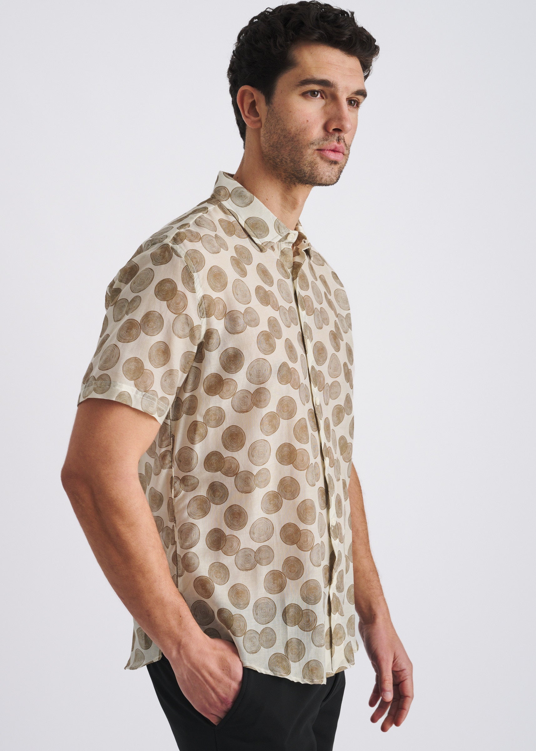 LATTE/ESPRESSO STUMPS PRINTED LIGHTWEIGHT COTTON/SILK SHORT SLEEVE WOVEN SHIRT PM-46050