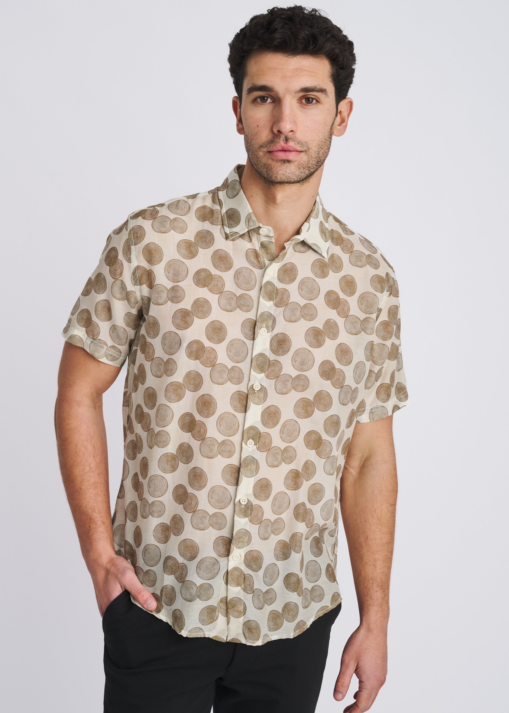 LATTE/ESPRESSO STUMPS PRINTED LIGHTWEIGHT COTTON/SILK SHORT SLEEVE WOVEN SHIRT PM-46050