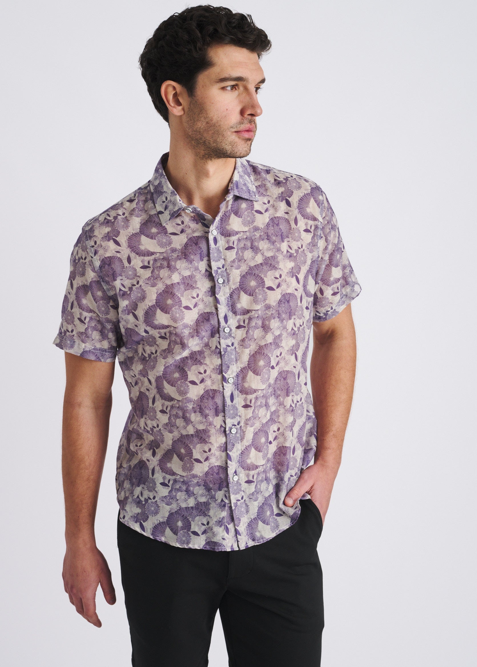 SKY/NAVY FLORAL PRINTED LIGHTWEIGHT LINEN/TENCEL SHORT SLEEVE SHIRT PM-45051