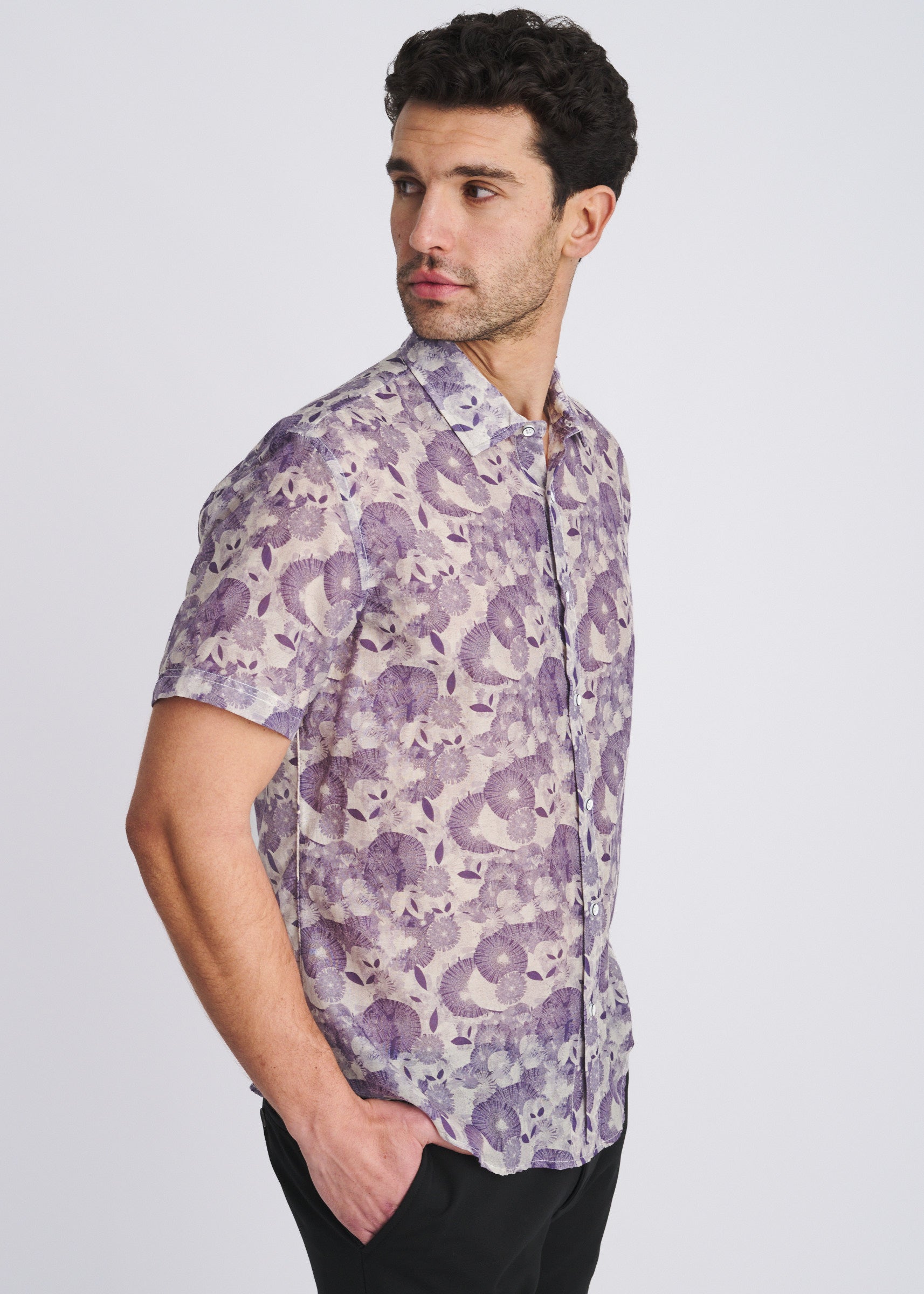 SKY/NAVY FLORAL PRINTED LIGHTWEIGHT LINEN/TENCEL SHORT SLEEVE SHIRT PM-45051