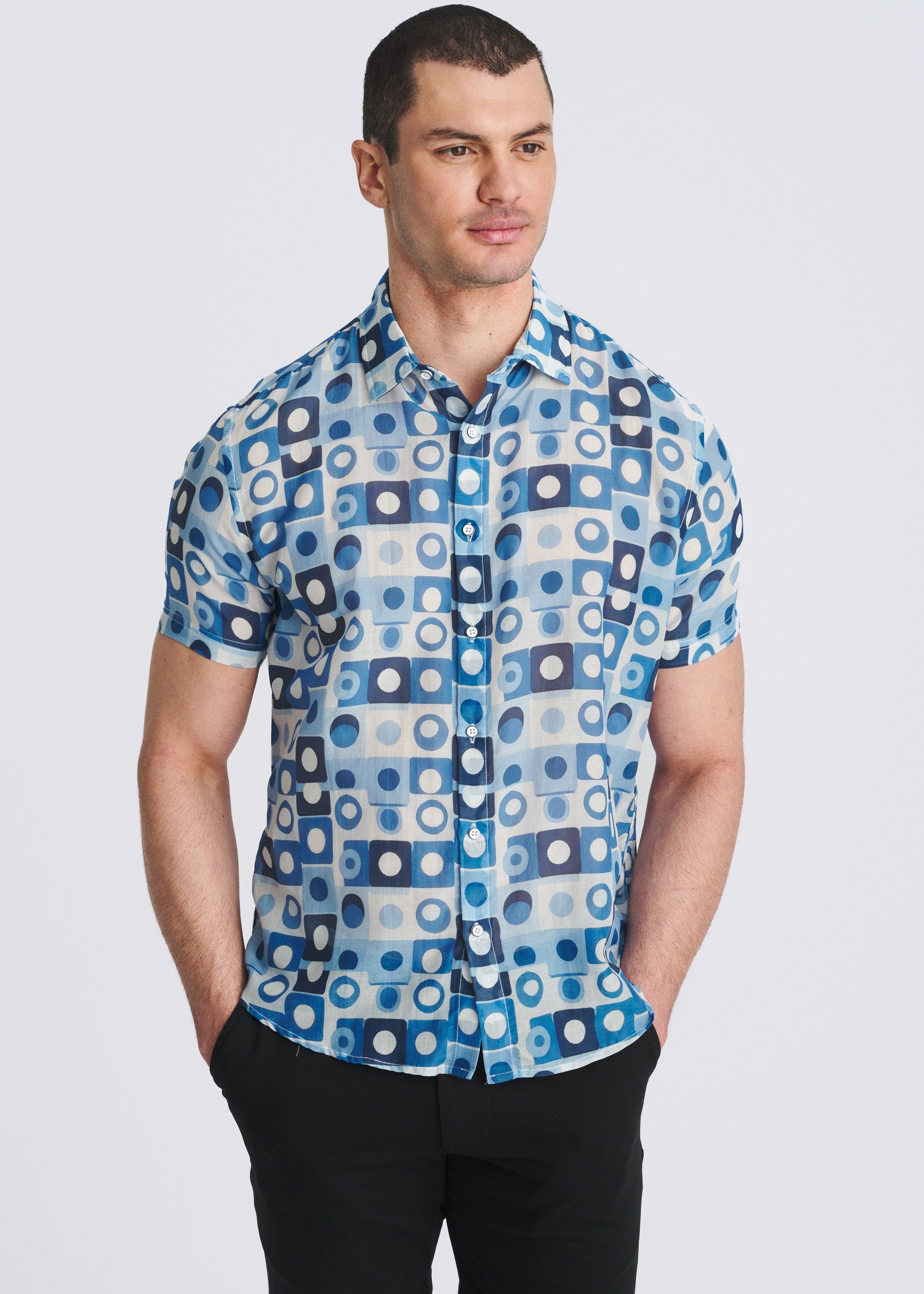 NAVY/SLATE SQUARES PRINTED LIGHTWEIGHT COTTON/SILK SHORT SLEEVE WOVEN SHIRT PM-46052