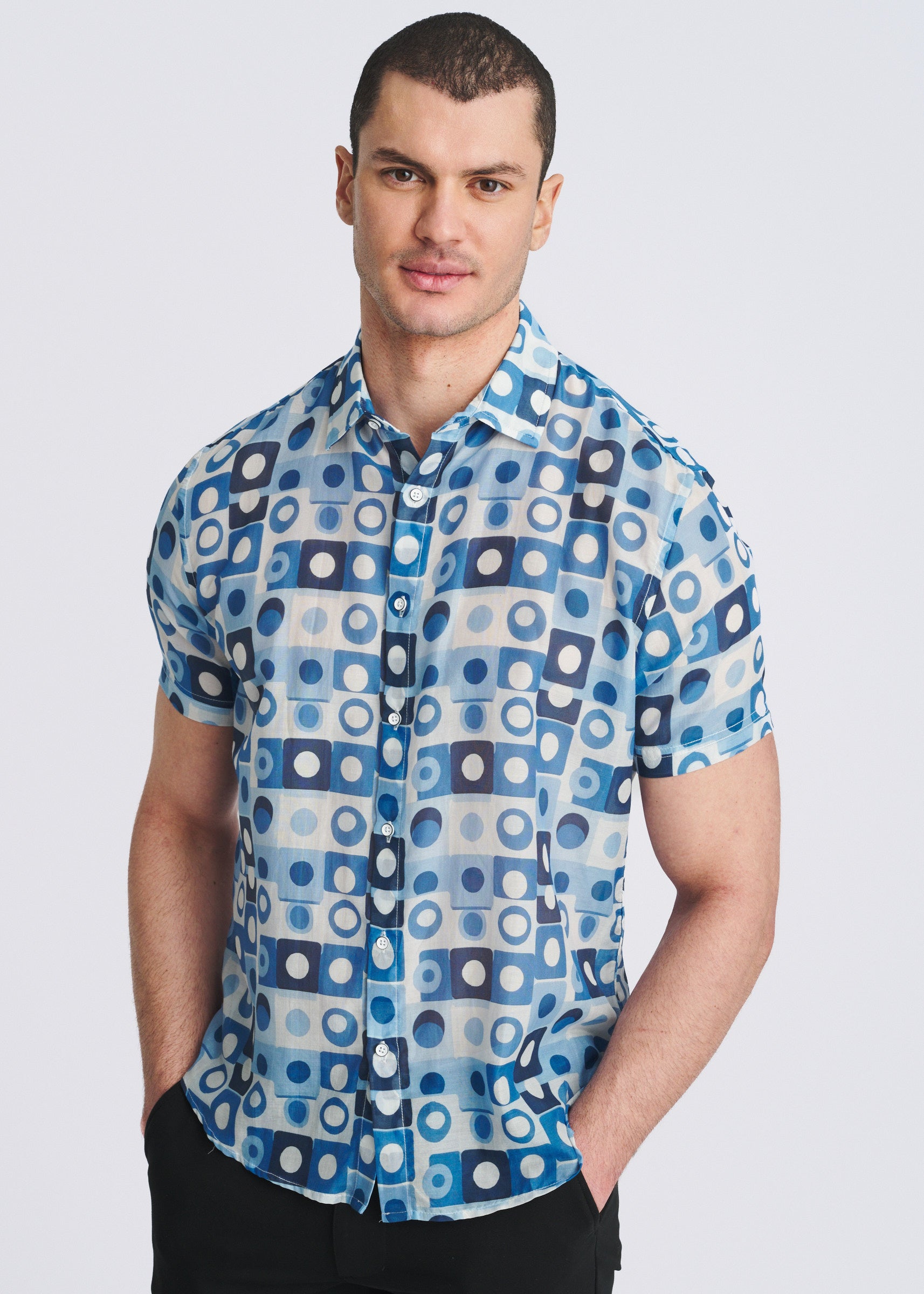 NAVY/SLATE SQUARES PRINTED LIGHTWEIGHT COTTON/SILK SHORT SLEEVE WOVEN SHIRT PM-46052