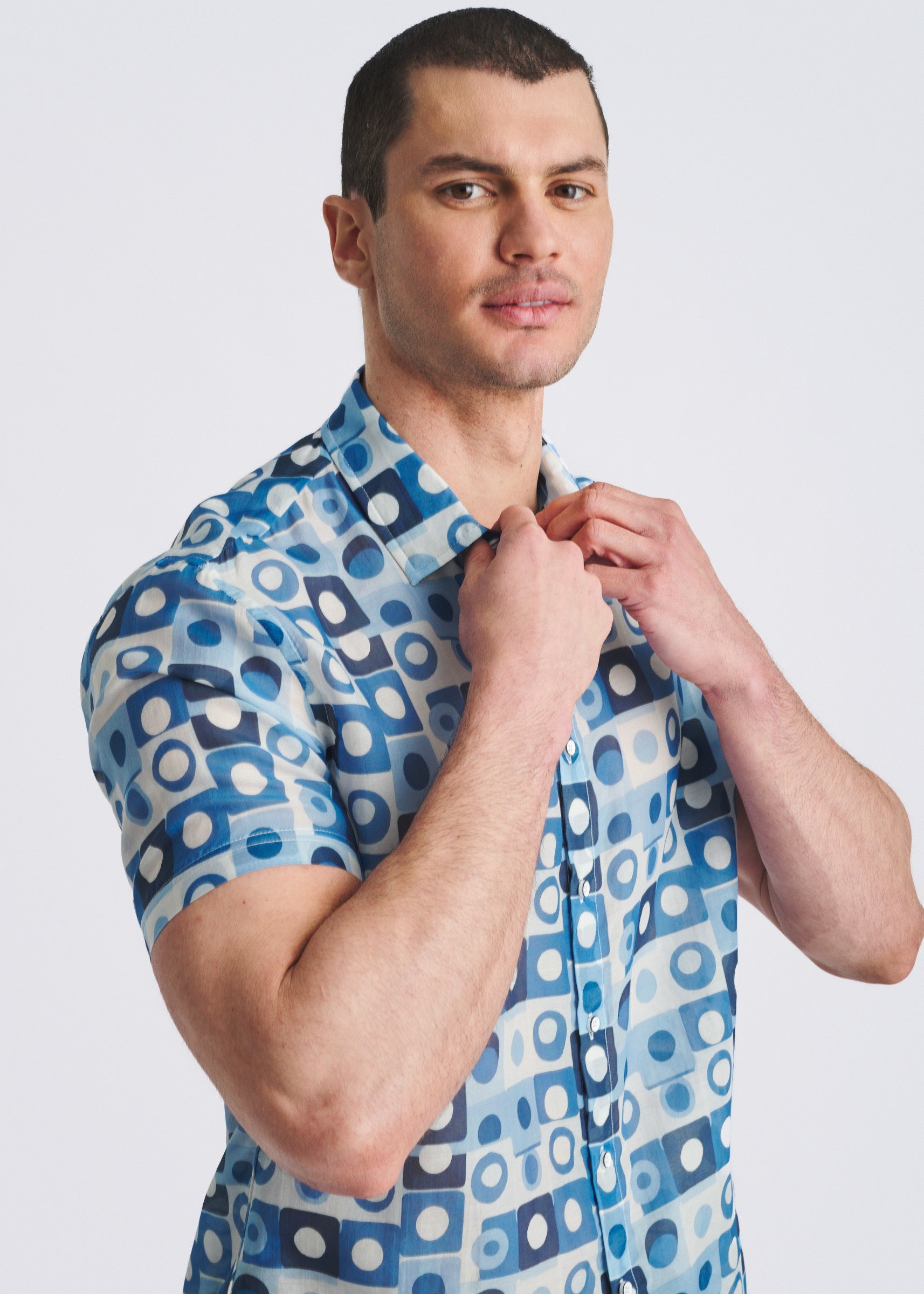 NAVY/SLATE SQUARES PRINTED LIGHTWEIGHT COTTON/SILK SHORT SLEEVE WOVEN SHIRT PM-46052