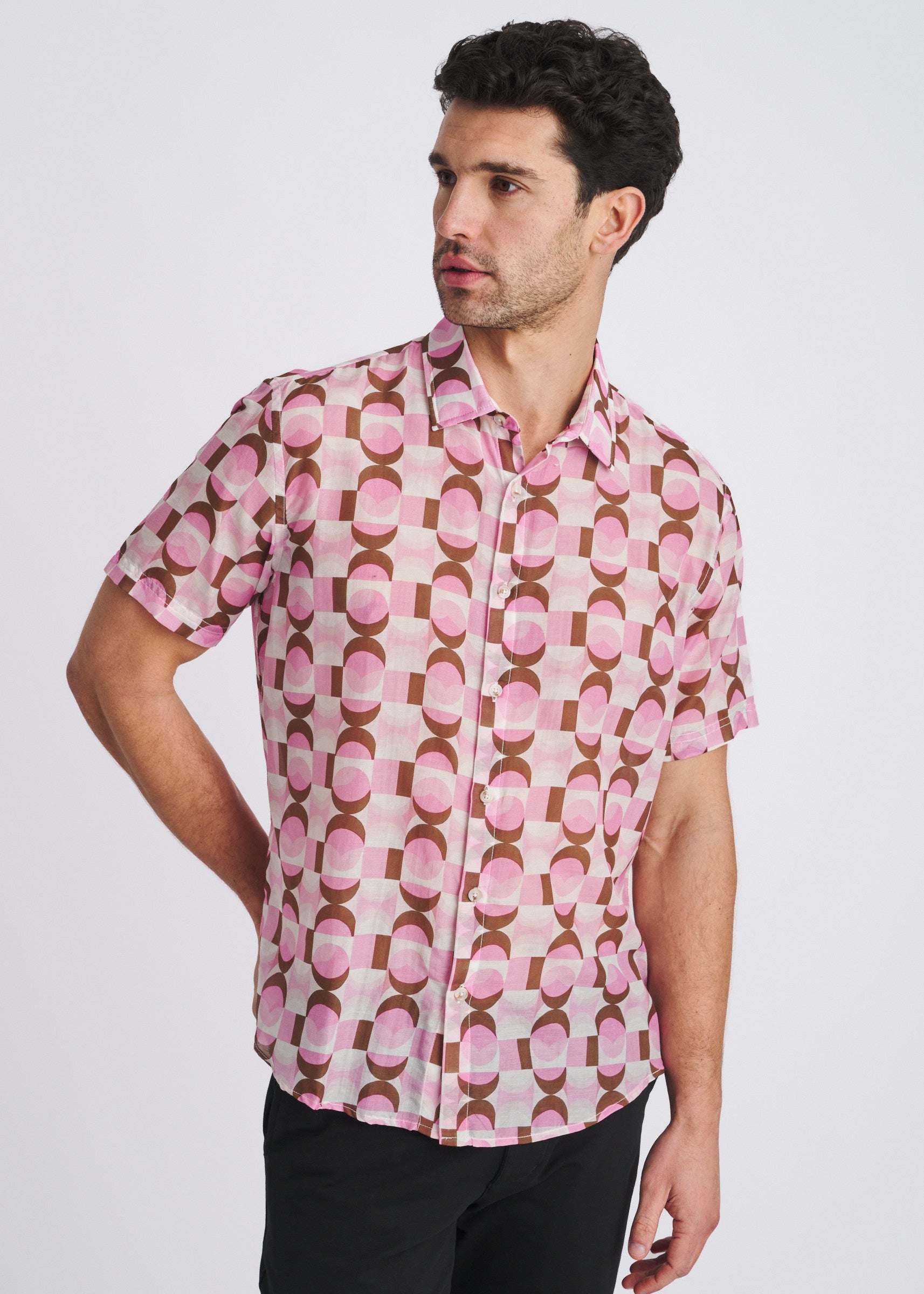 PINK/OLIVE RETRO PRINTED LIGHTWEIGHT COTTON/SILK SHORT SLEEVE WOVEN SHIRT PM-46053