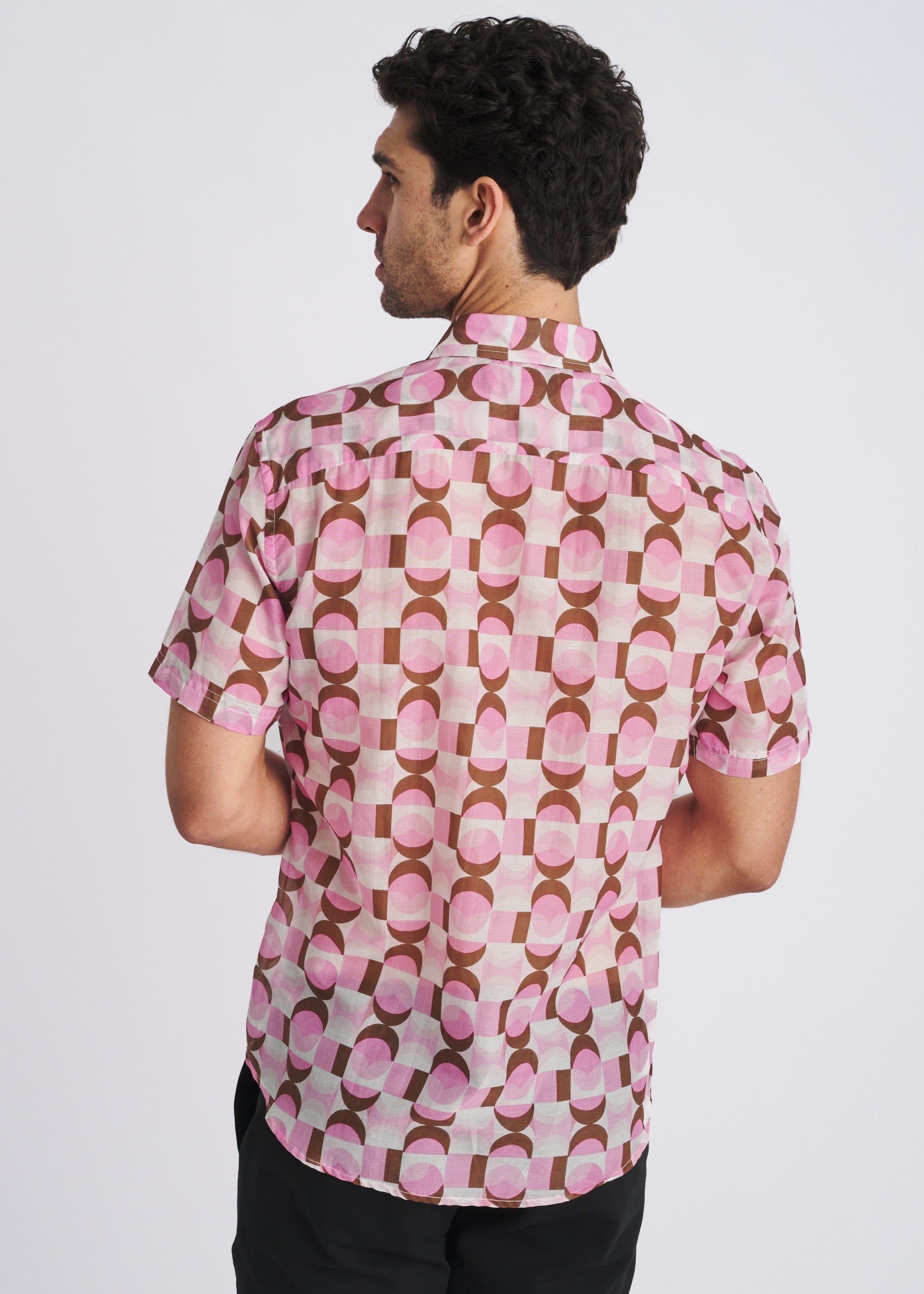 PINK/OLIVE RETRO PRINTED LIGHTWEIGHT COTTON/SILK SHORT SLEEVE WOVEN SHIRT PM-46053