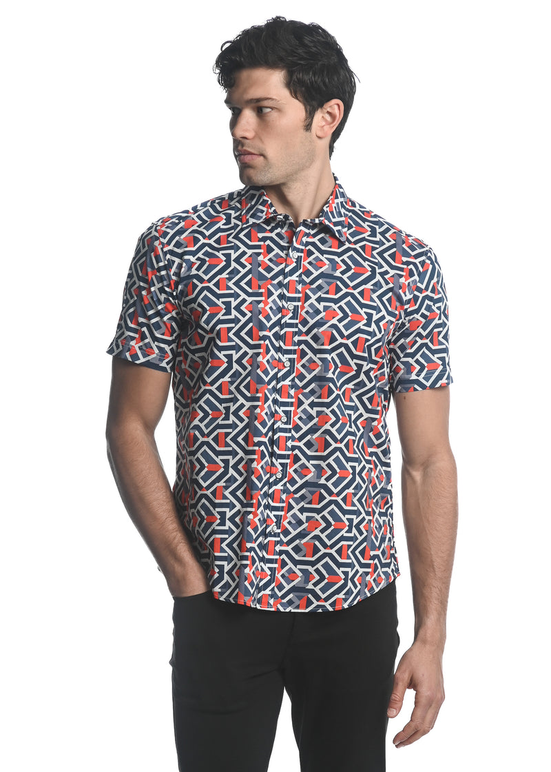 NAVY/ RED ARROWS PRINTED COTTON TENCEL SHORT SLEEVES WOVEN SHIRT PM-47040