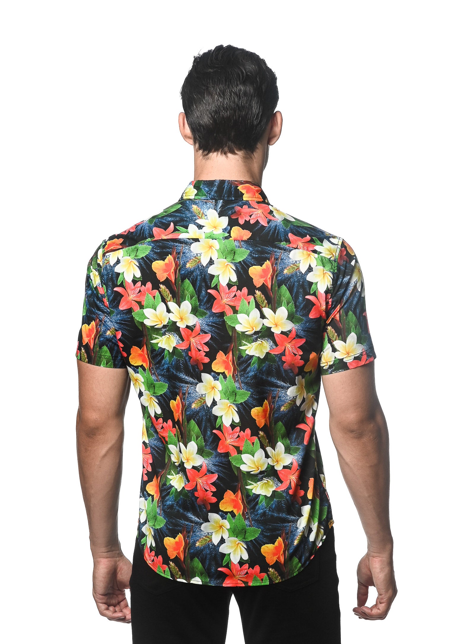 NAVY/ CRIMSON TROPICS PRINTED COTTON TENCEL SHORT SLEEVES WOVEN SHIRT PM-47041