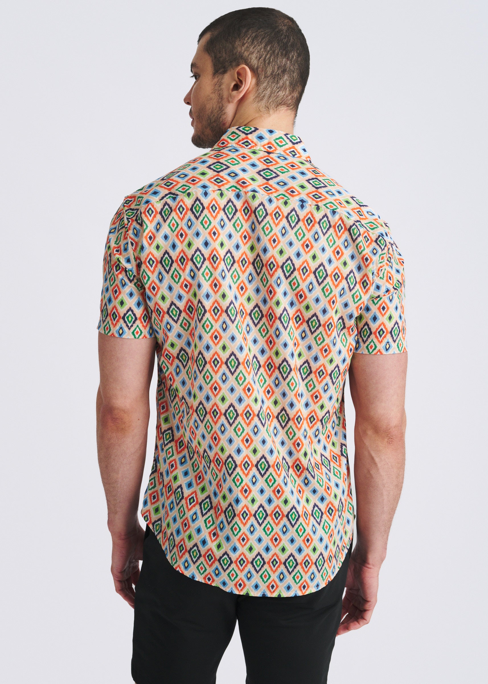 SHERBET/NAVY DIAMONDS PRINTED LIGHTWEIGHT COTTON/TENCEL SHORT SLEEVE WOVEN SHIRT PM-47055
